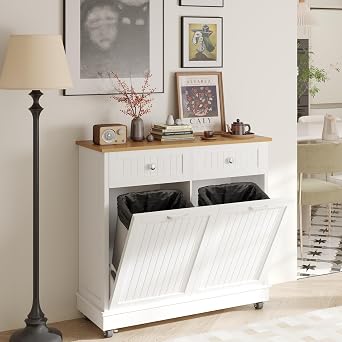JassmiPkwy Tilt Out Trash Can Cabinet for 20 Gallons, Double Garbage Recycling Cabinet with Power Outlets, Trash Recycling Compost on Wheels, with 2 Drawers, Wooden, Dog Proof, White