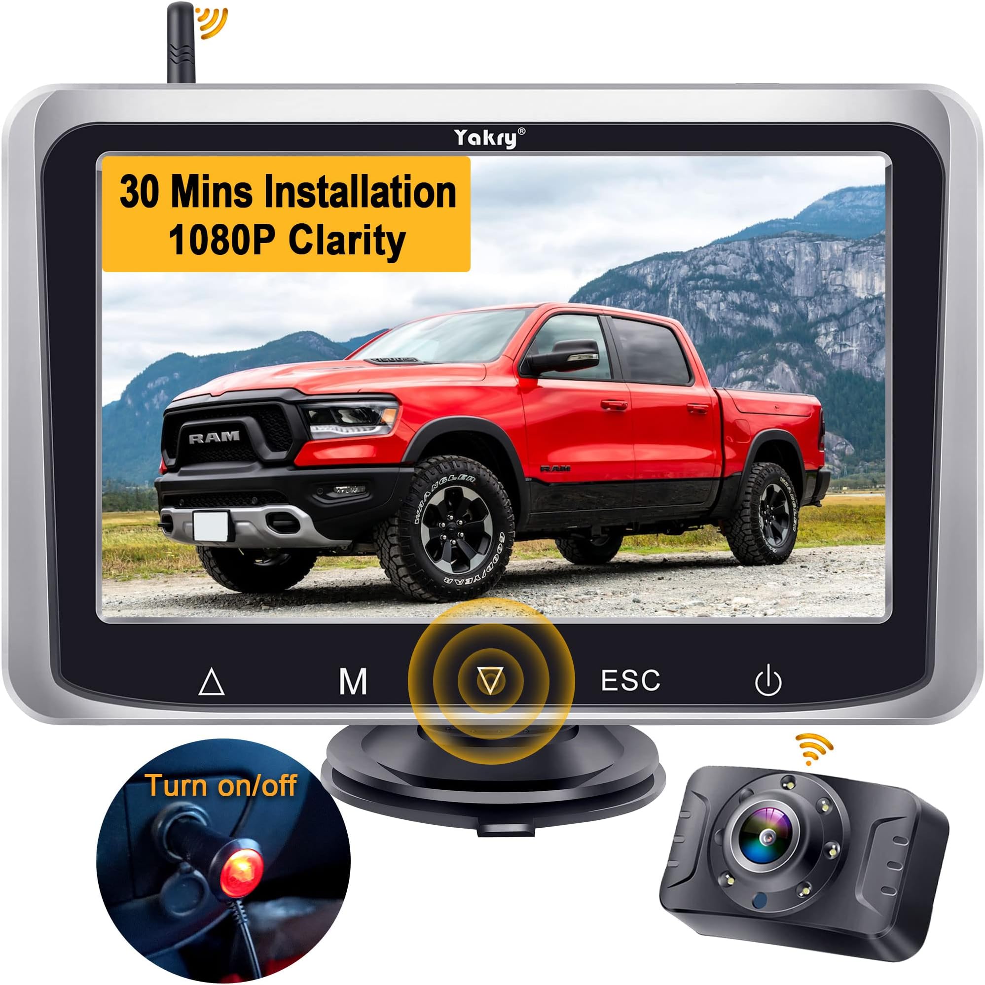 Yakry iStrong Digital Wireless Backup Camera System for RV/Cars/Trailers/Truck 5' Monitor Kit Rear/Front/Side View Camera Reverse/Continous Use Guide Lines ON/Off IP69 Waterproof