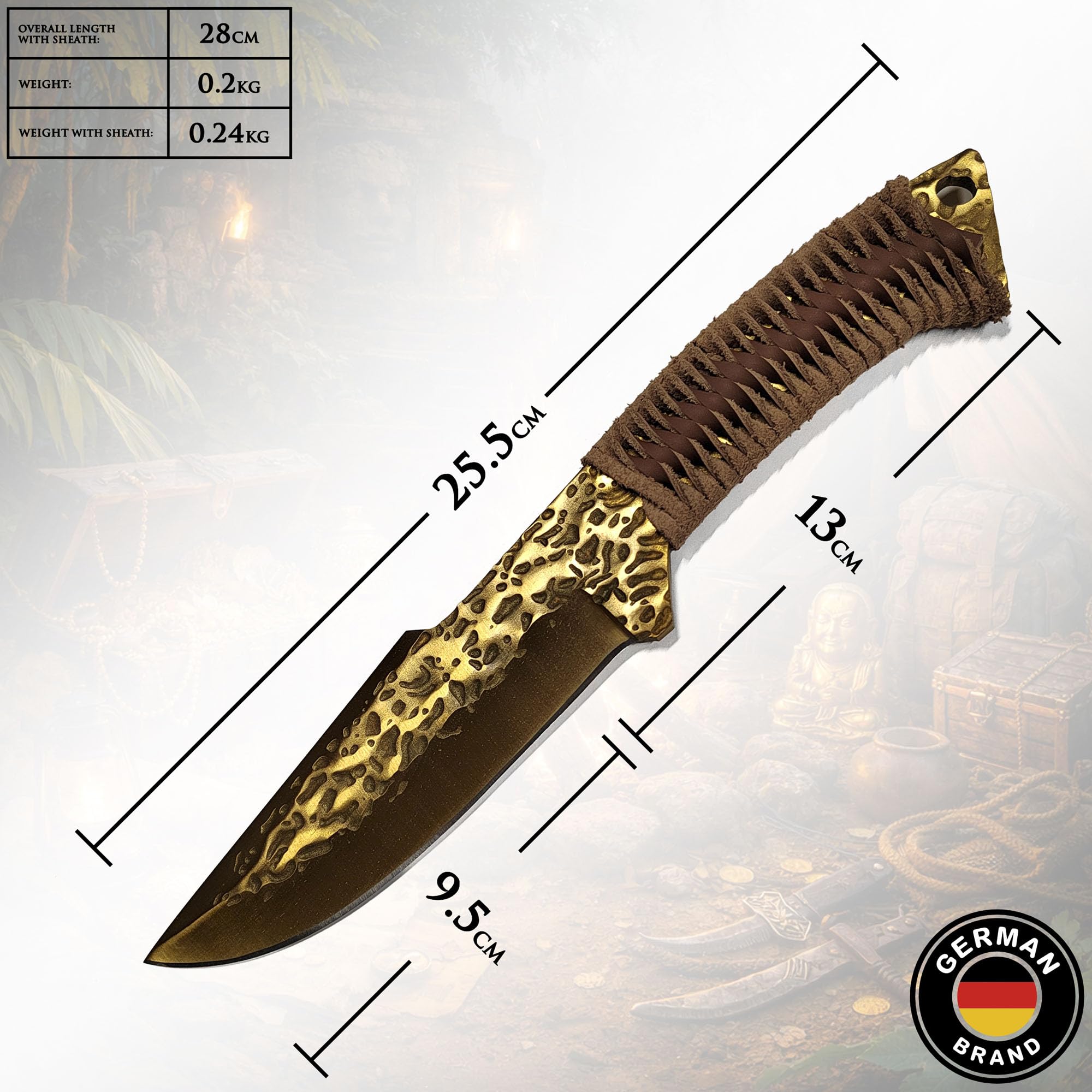 Swords and more Coltello da Caccia Forgiato a Mano Stile Celtico – Lama Dorata in Acciaio 7CR17MOV con Fodero in Pelle – Coltello a Lama Fissa Robusto ed Equilibrato