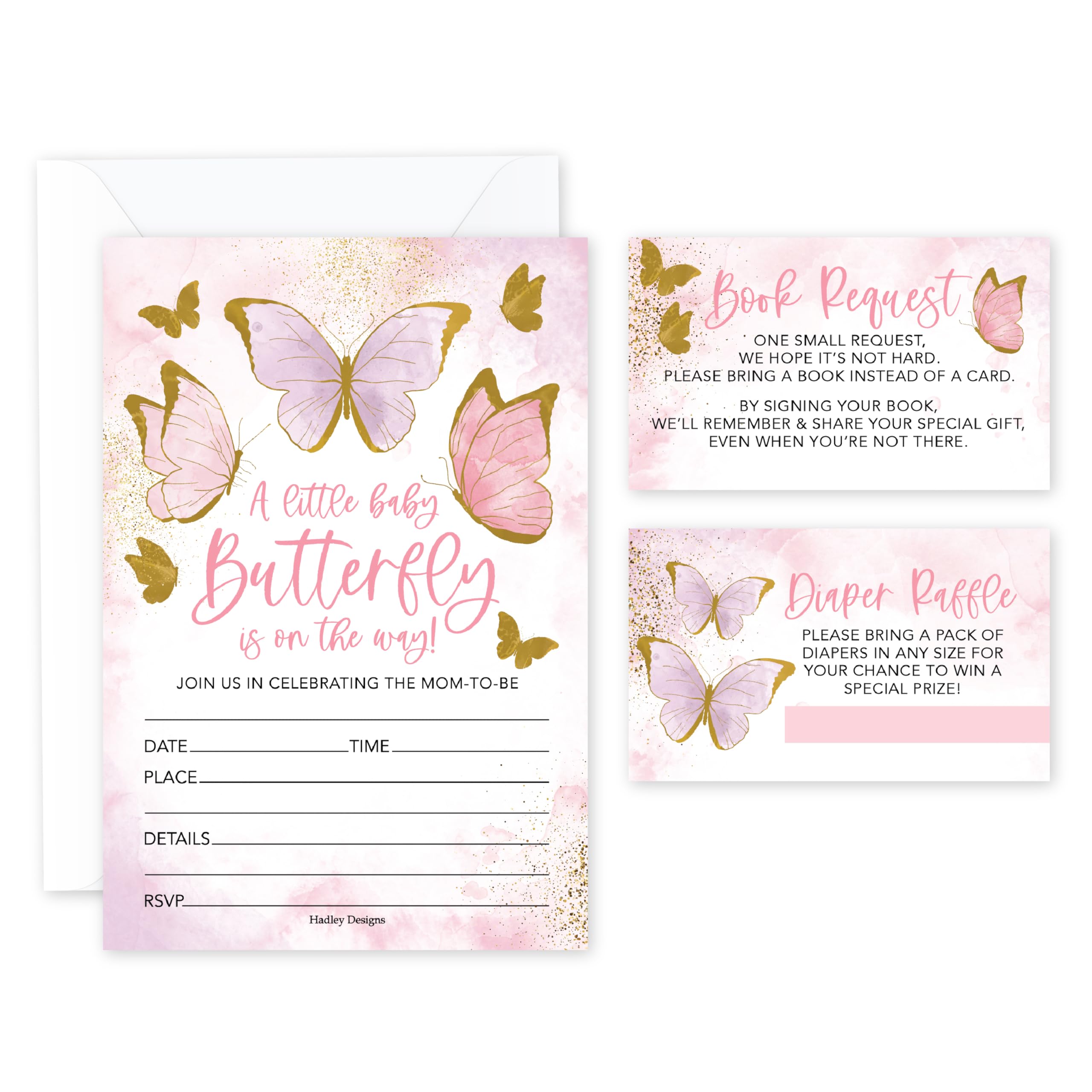 Hadley Designs Baby Shower Invitations For Girl -15 Baby Shower Invites for Girl with Diaper Raffle & Book Request Cards, Butterfly Babyshower