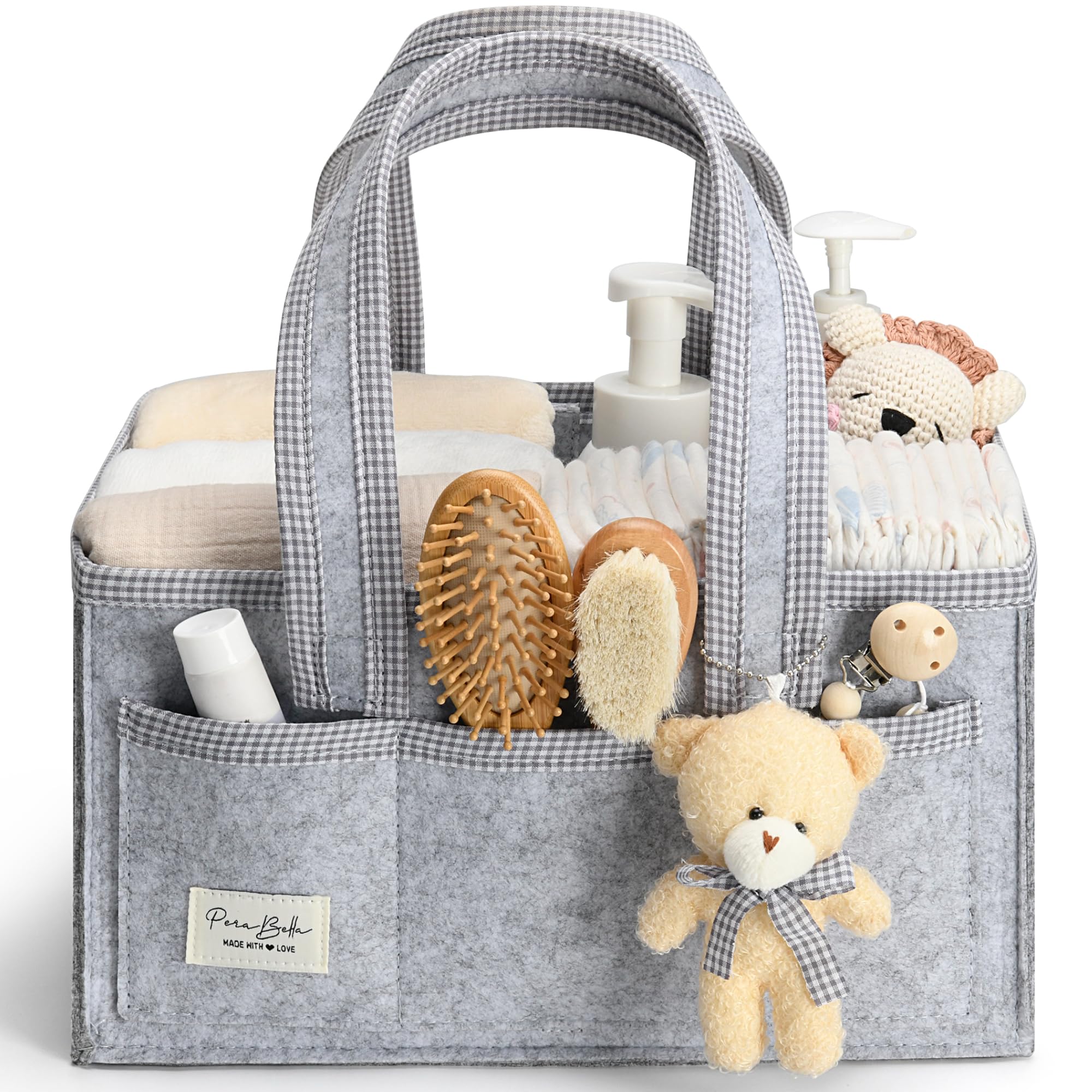 Organizador de pañales PeraBella con asa, cesta para regalos de baby shower, registro de búsqueda, artículos imprescindibles, organizador de almacenamiento para guardería para recién nacidos, niñas y niños, bolso para bebé, artículos esenciales, carrito para pañales de coche