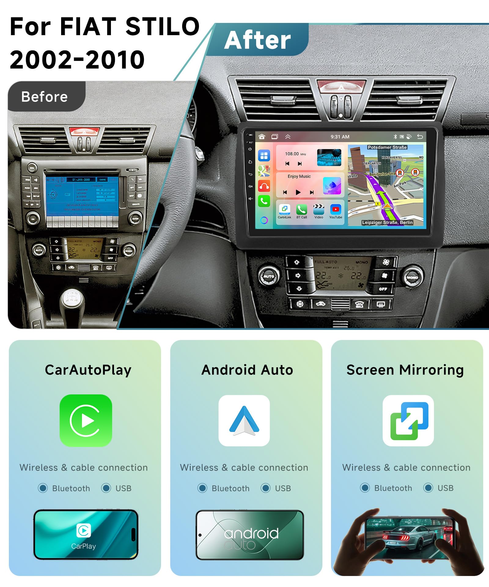 6G&128G 8 core VECHTEL 9"Autoradio per Fiat STILO 2002-2010 con Carplay Android Auto Wireless,8-Core,1280 * 720,Bluetooth RDS/FM Radio,Wi-Fi Navi Telecamera posteriore AHD/CANBUS
