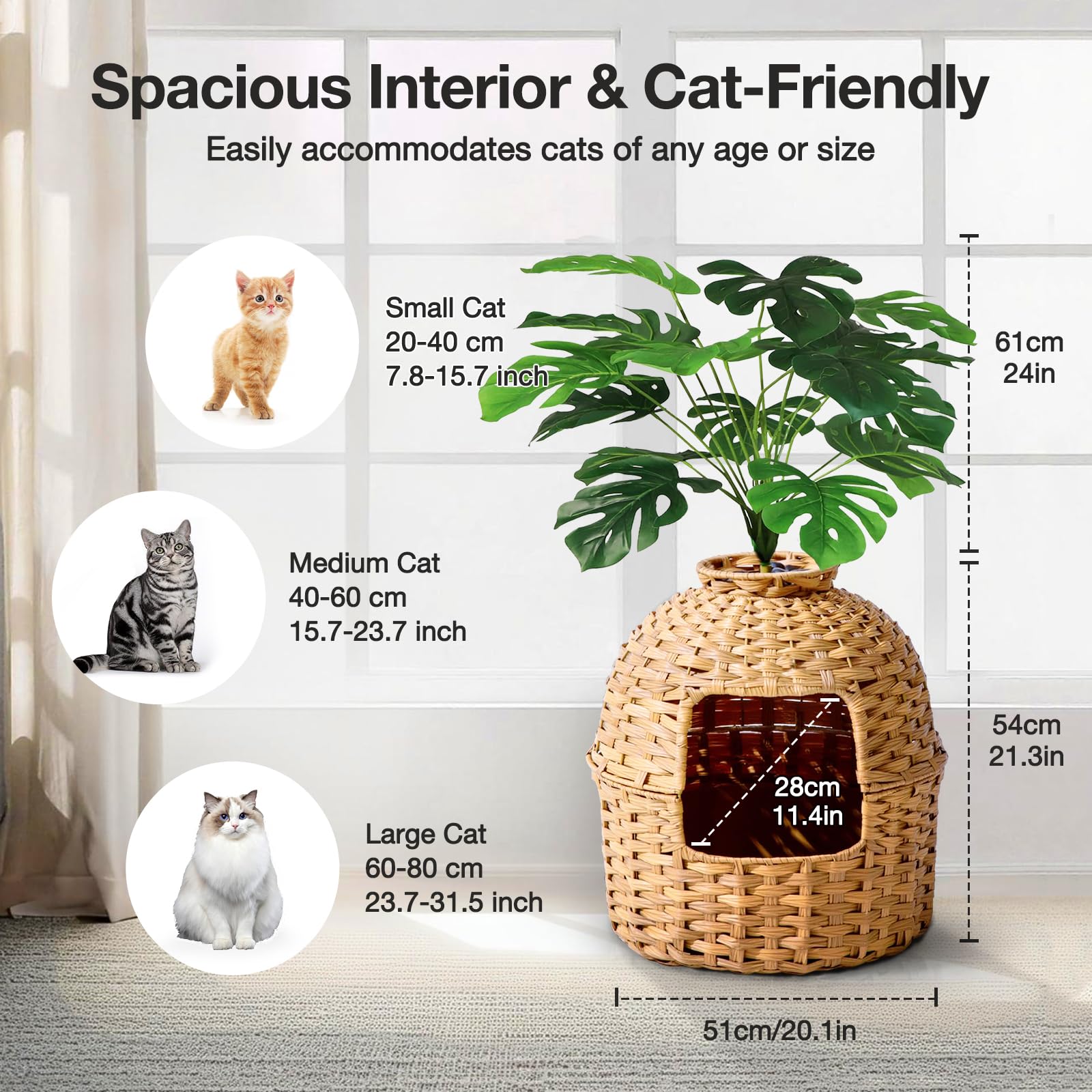 Lettiera per gatti nascosta con pianta e pala, in rattan intrecciato a mano, con controllo degli odori e filtro al carbone (naturale, porta quadrata)