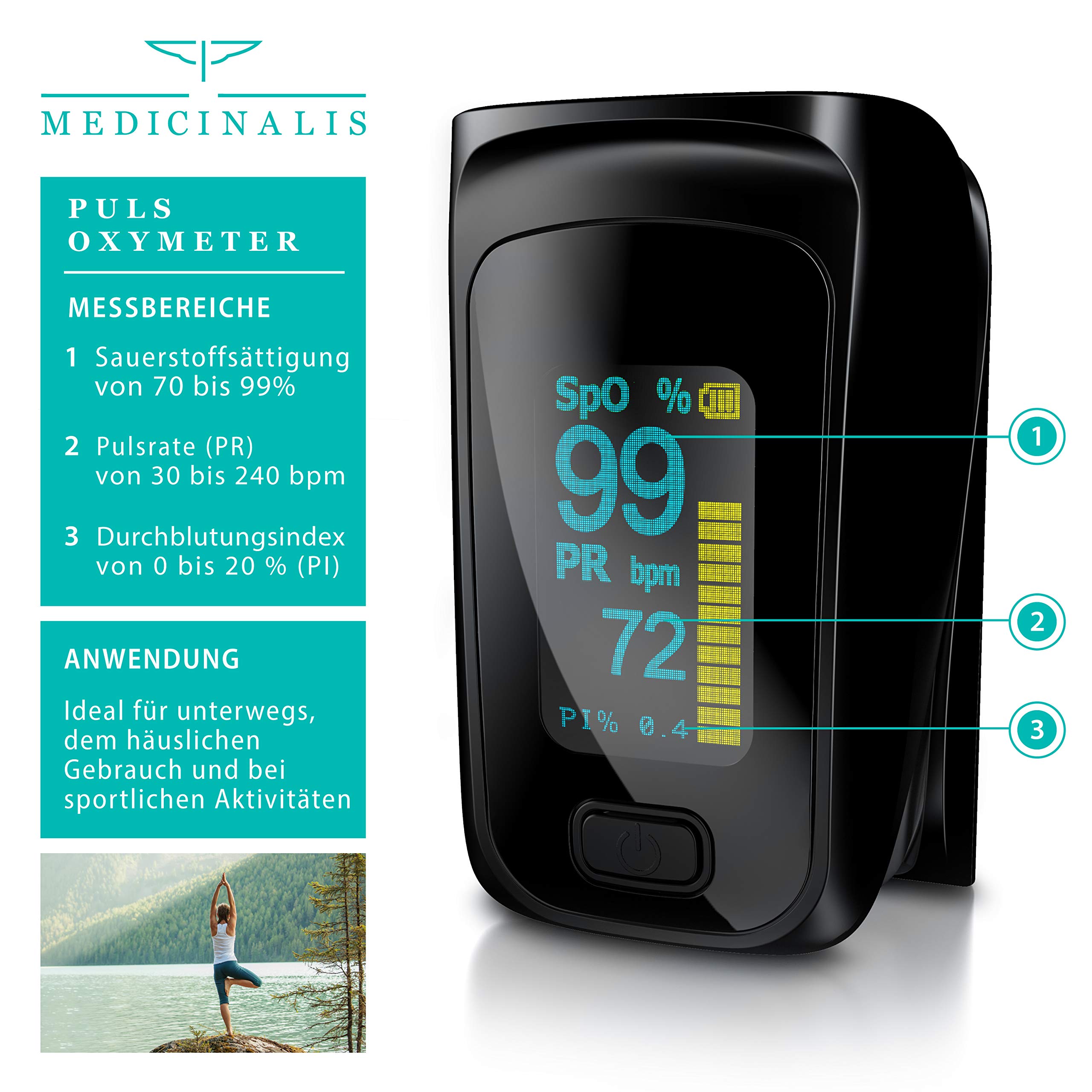 Medicinalis - Pulsoximeter Finger - SpO2 Pulsmesser – Fingerpulsoximeter - Messung von Puls und Sauerstoffsättigung am Finger – OLED Display - Batterieanzeige – Alarm – One Touch Bedienung