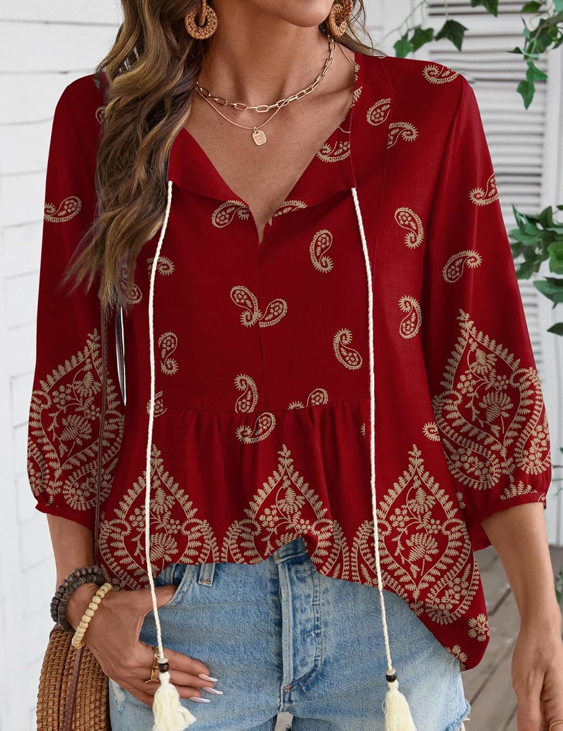 Rapbin Womens Summer Tops Bohemian Babydoll Blouses Cute Peplum Front Tie Flowy Top 3/4 Sleeve Linen Shirts Loose Half Sleeve Blouse Hawaiian Shirts (Claret Red S) - Image 3