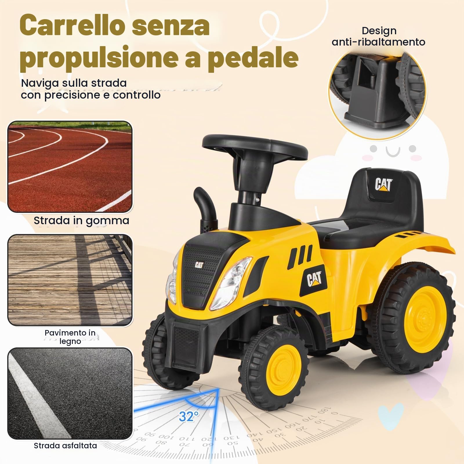 FANTASK Trattore antiscivolo con pala e calcolo rimovibile, auto antiscivolo con rimorchio del clacson, veicolo con suono motore e luci a LED per bambini a partire da 1 anno