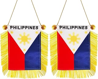 Philippines Flag Filipino Hanging Flag Philippines Small Mini Window Flags Rearview Mirror Decoration With Suction Cup Golden Fringy(2 Pack)