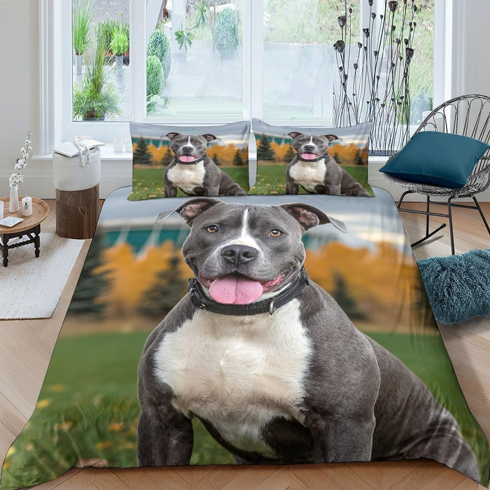 Ctjqhvkz Style-4 3D Printed Grey Pitbull Dog Fitted Sheet Microfiber Soft Anti-Slip Autumn Park Bed Cover For Bedroom Guest Room Easy Care Single（135X200cm）