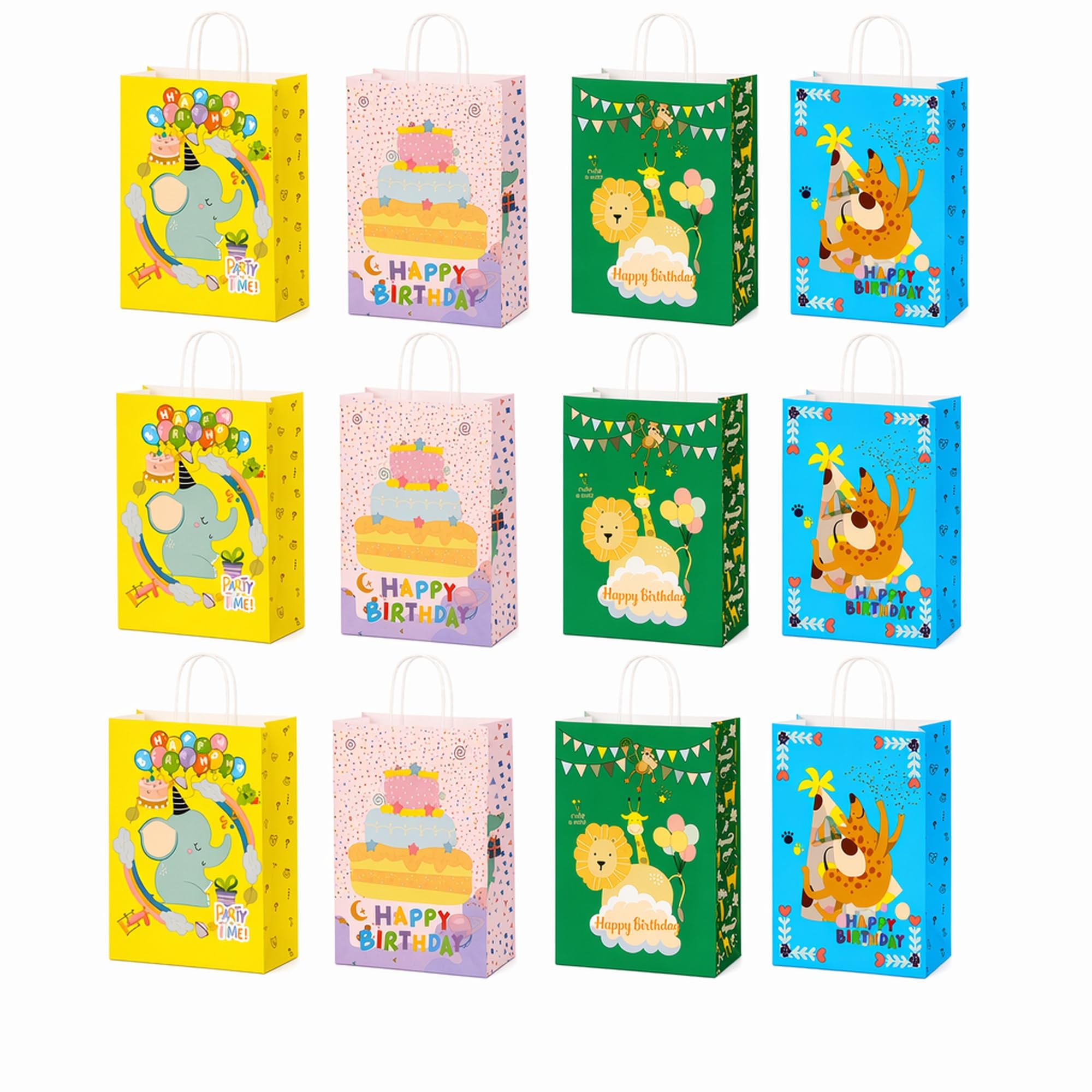 Oriqee 12 PCS Animal Gift Bags with Handles, 8.66"x6.3"x3.1" Small Kraft Paper Party Bag, Goodie Bags for Children's Birthdays Baby Shower, Party Favor Bag for Children