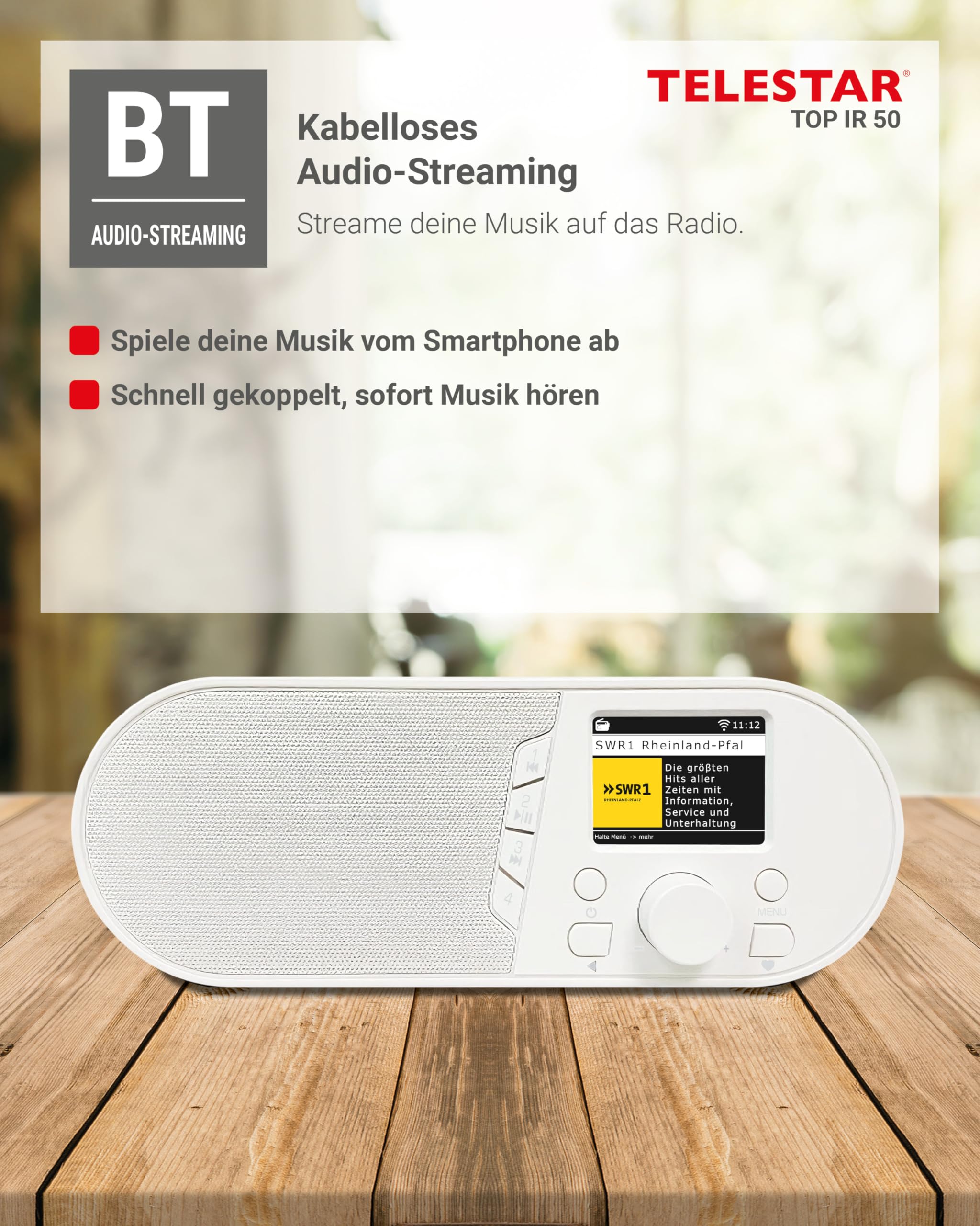 TELESTAR TOP IR 50 – Internetradio, Bluetooth Audio-Streaming – Weiß | 7 W, USB-Aufnahmefunktion, Stationstasten am Gerät, Dimmfunktion, Nachtmodus, Hotelmodus, Fernbedienung