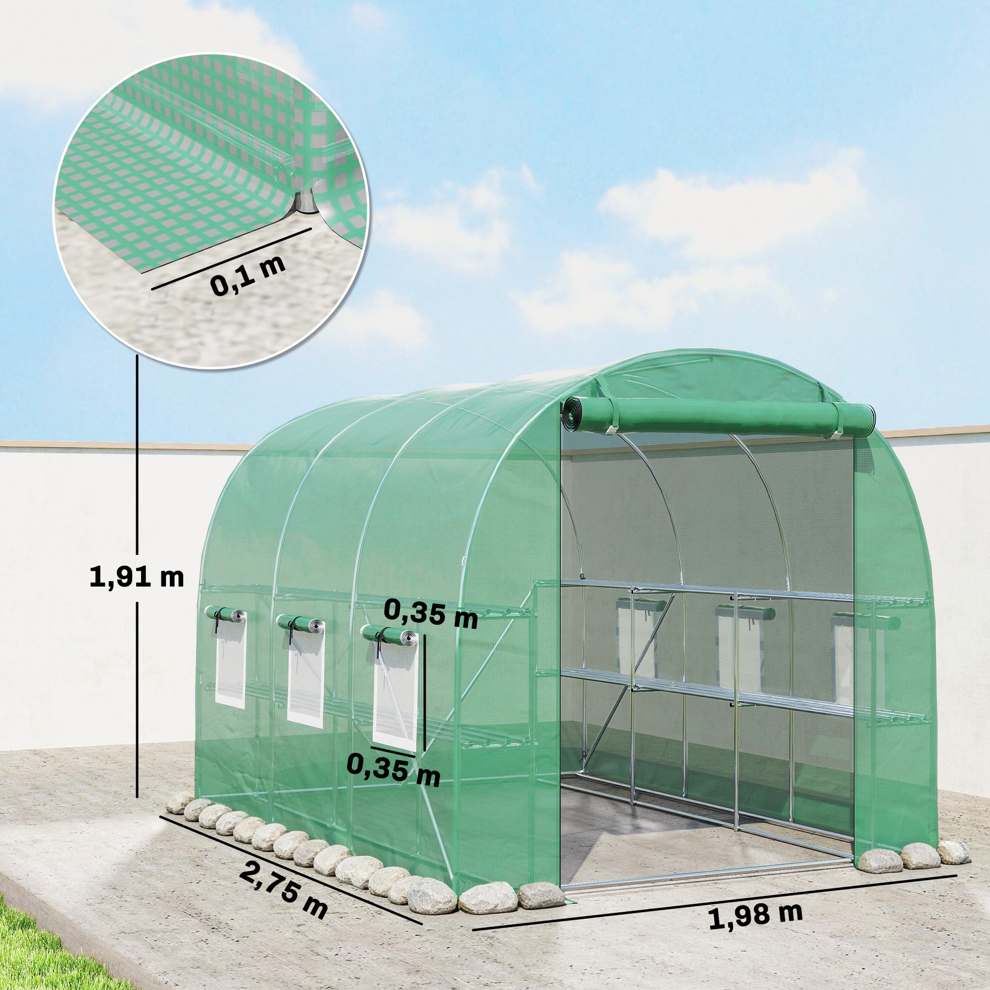 Outsunny Invernadero de Exterior 2,8x2x1,9 m con Estantes, Invernadero de Túnel con Puerta Enrollable, 6 Ventanas de Malla, Cubierta PE y Marco de Acero Galvanizado, Anti-UV, Impermeable, Verde