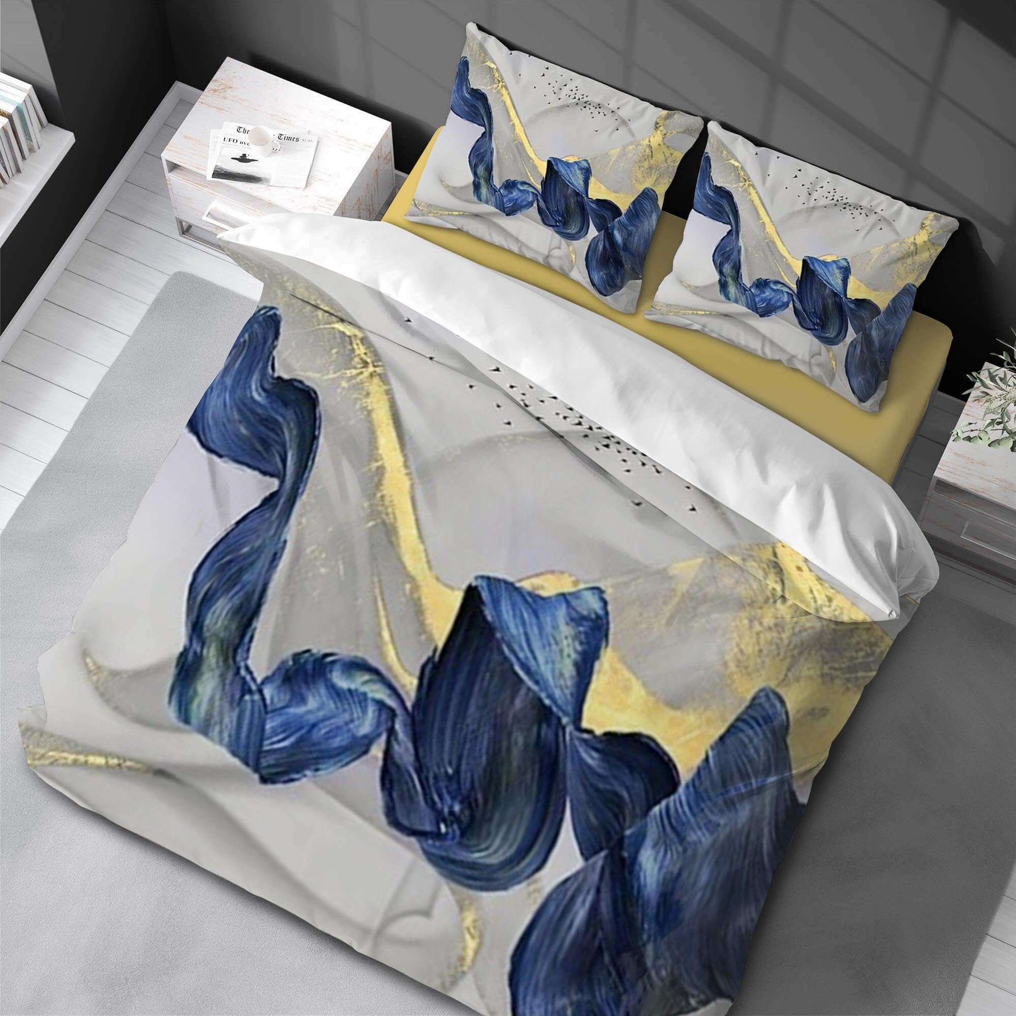 Parure de lit luxe dorée et bleue avec housse de couette style nordique abstrait