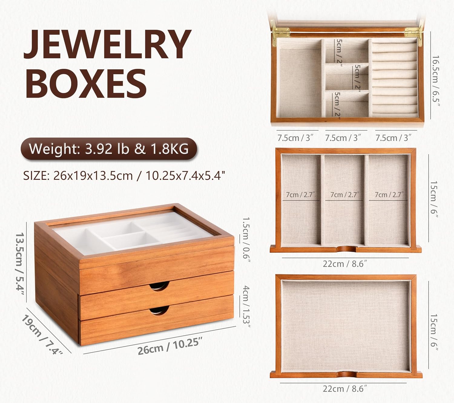 Jewelry Box with Glass Lid, 3 Layer Jewelry Organizer for Women, Solid Wooden Jewelry Box Display for Ring Earrings Necklace Bracelet, Pine Wood Jewelry Boxes Vintage Style for Gifts - Image 3