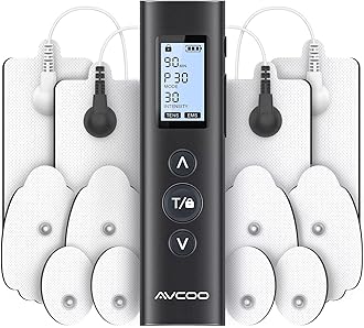 AVCOO 30 Modes TENS EMS Unit Compact Muscle Stimulator for Pain Relief of Back, Shoulder, Neck, Rechargeable & Portable Dual Channel EMS Muscle Stimulator with 30 Intensity Levels, 12 Electrode Pads