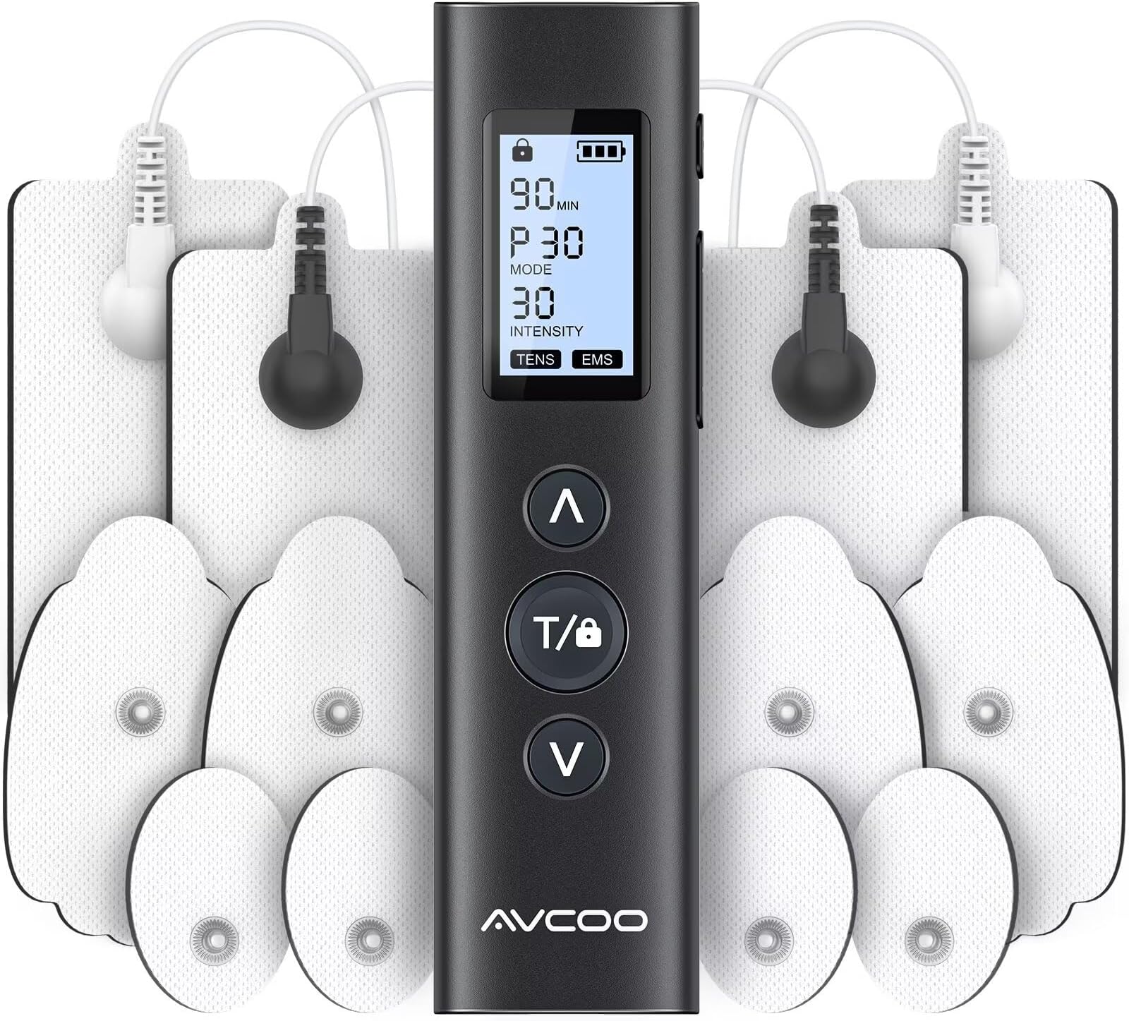 AVCOO 30 Modes Dual Channel TENS EMS Unit Compact Muscle Stimulator for Pain Relief Therapy, Ultra Portable Electronic Pulse Massager with 12 Pads, Dust-Proof Storage Bag, Fastening Cable Ties