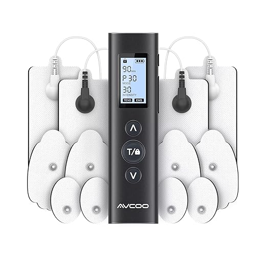 AVCOO 30 Modes TENS EMS Unit Compact Muscle Stimulator for Pain Relief of Back, Shoulder, Neck, Rechargeable & Portable Dual Channel EMS Muscle Stimulator with 30 Intensity Levels, 12 Electrode Pads