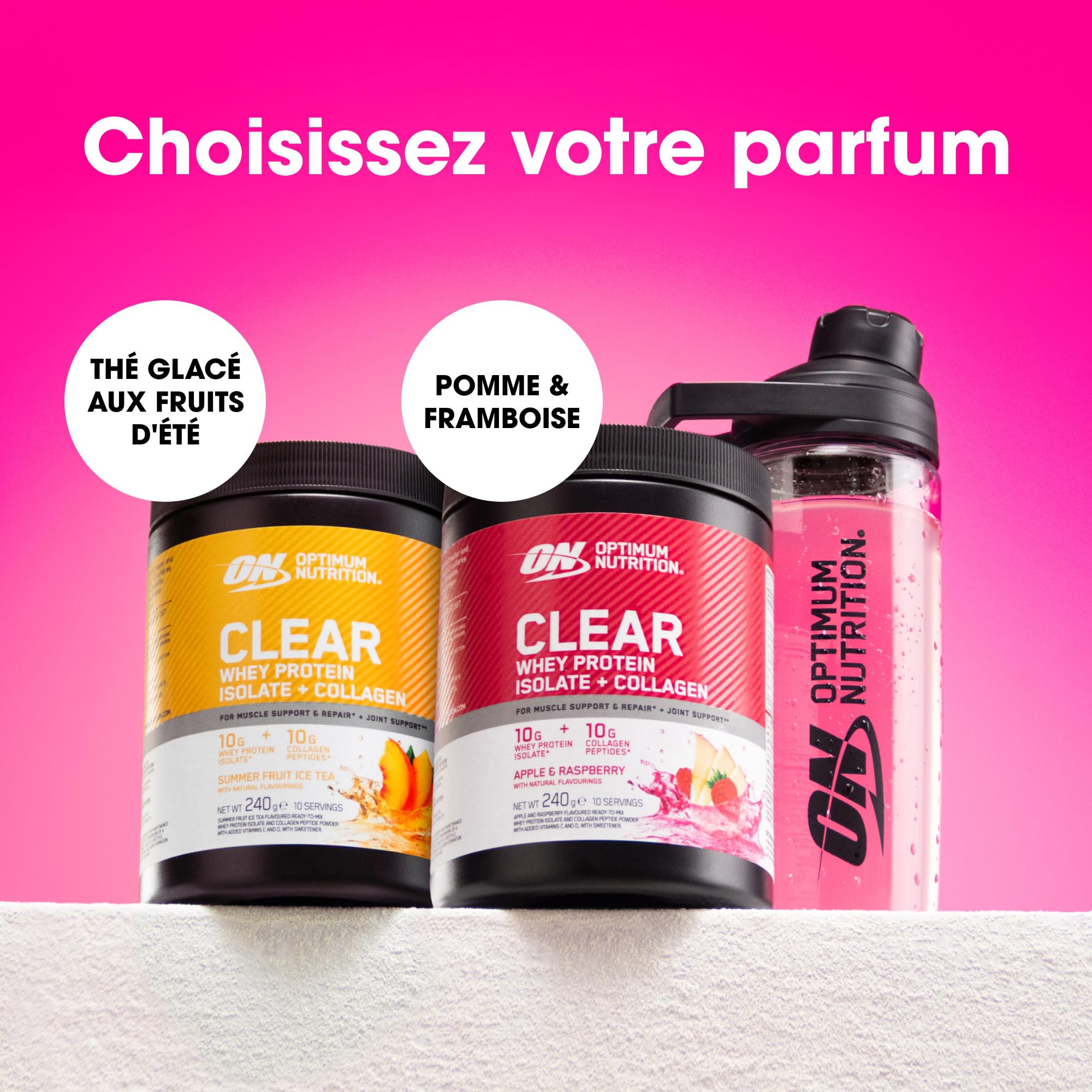 Optimum Nutrition Clear Whey + Collagène, Pomme & Framboise, 10 g Whey Isolate et 10 g Peptides de Collagène par Portion, Boisson Protéinée Claire pour les Articulations, 240 g, 10 Portions*