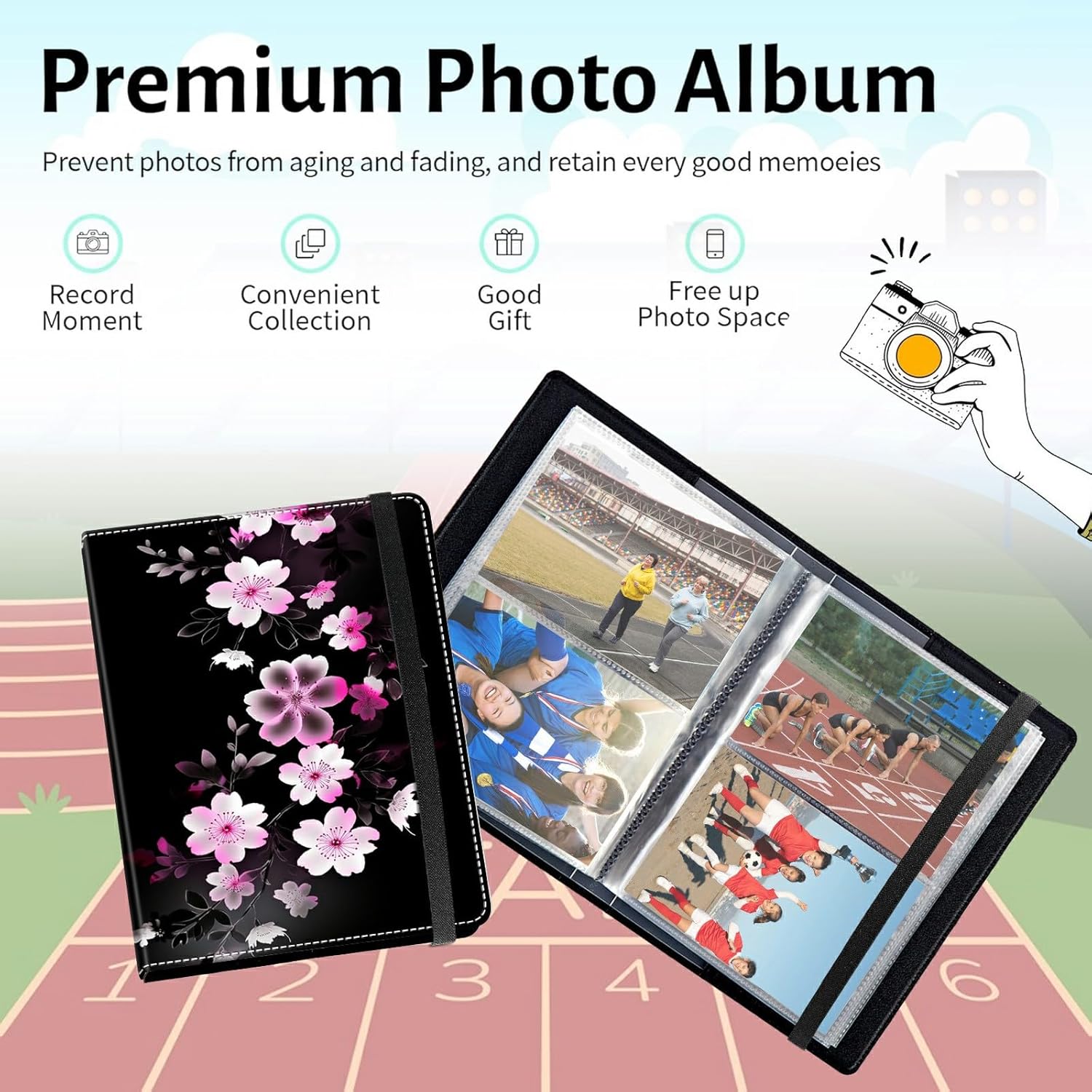 Photo Album 5x3.5" 80 Photos Pockets PU Leather Cover Photo Albums with Inner Transparent Pockets and Elastic Band Design for Family Anniversary Wedding Baby Pets,Pink White Flower