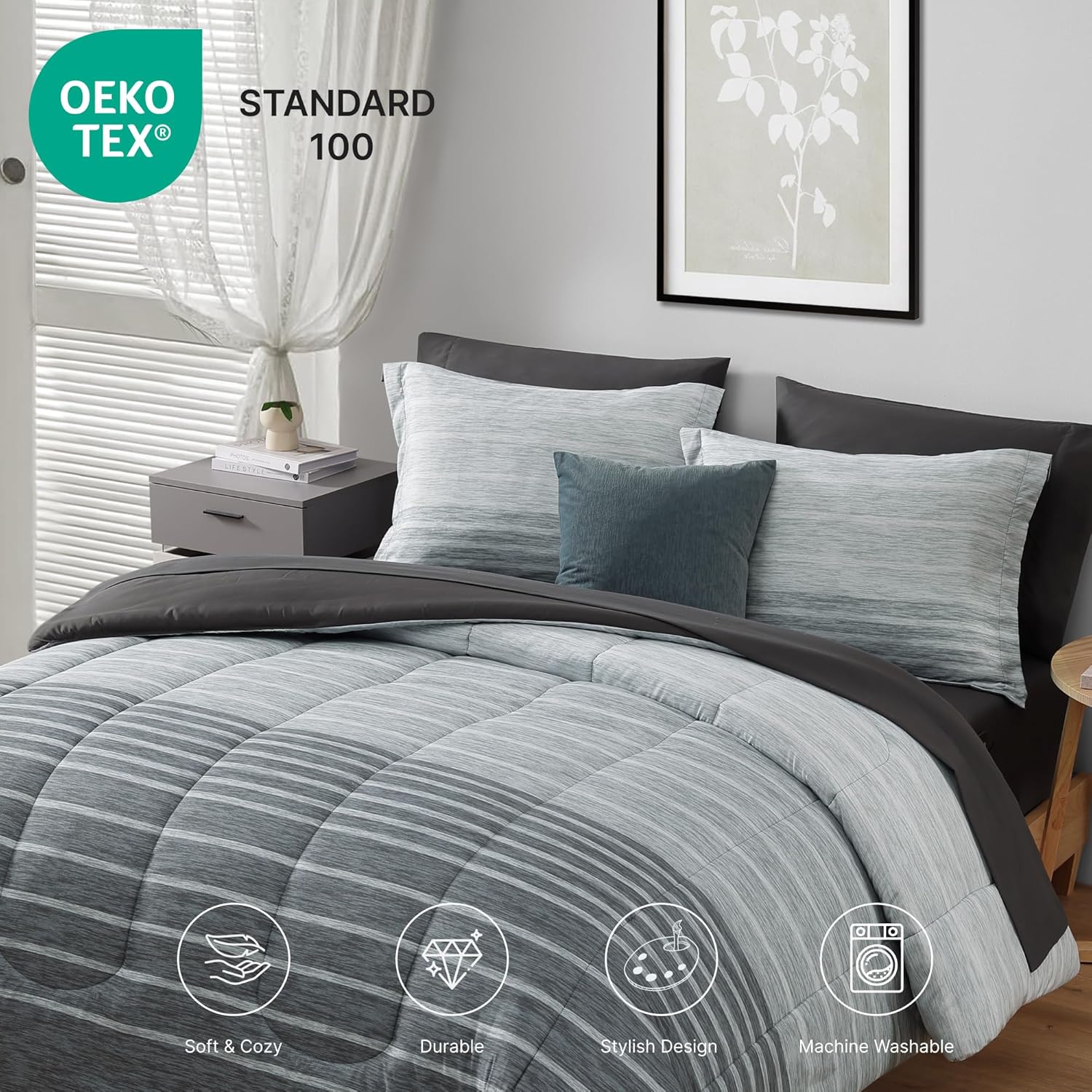 Monbix Queen Comforter Set - 7 Pieces Bed in a Bag Queen, Grey-Stripe Bedding Sets, All Seasons Comforter Bed Set with Sheets, Pillowcases & Shams - Image 4