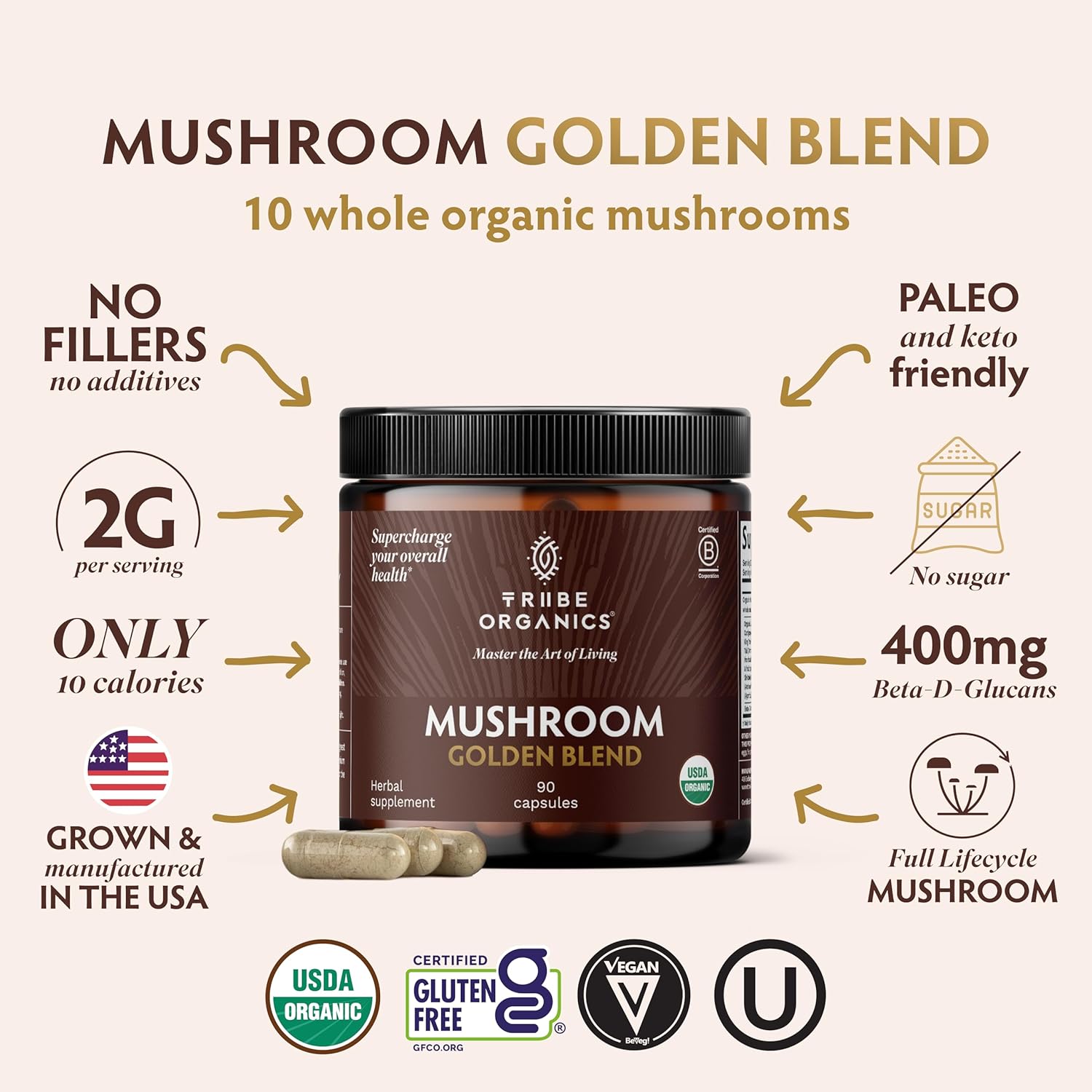 TRIBE ORGANICS Mushroom Golden Blend Vegan Capsules Supplement - Adaptogenic Mushrooms Powder Immune Support Supplement - 10-in-1 Mushrooms for Immunity Support & Brain Health - 90 Count 30 Servings