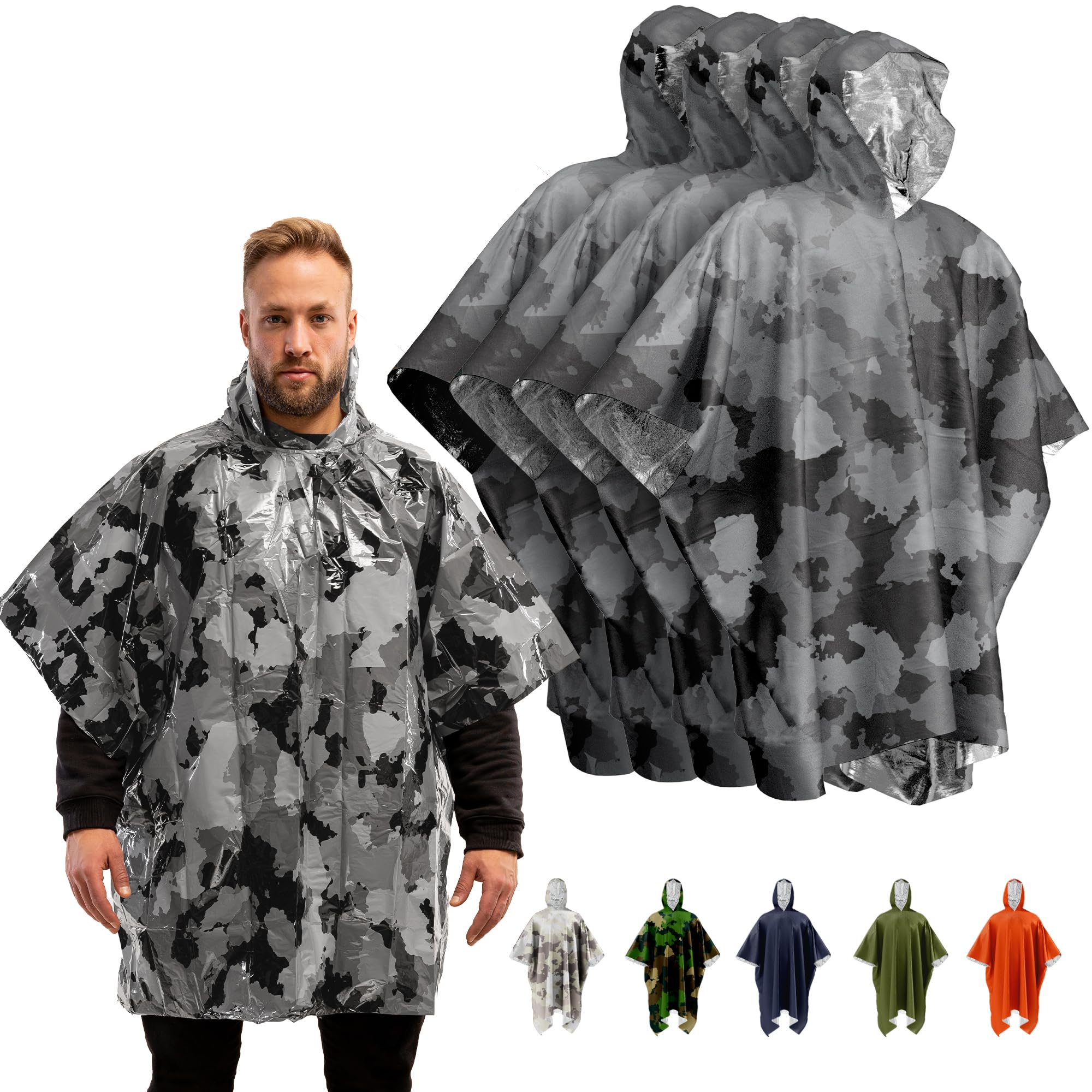 Emergency Blankets & Rain Poncho Hybrid Survival Gear and Equipment –Tough, Waterproof Camping Gear Outdoor Blanket – Retains 90% of Heat + Reflective Side for Increased Visibility – 4 Pack (Camo)