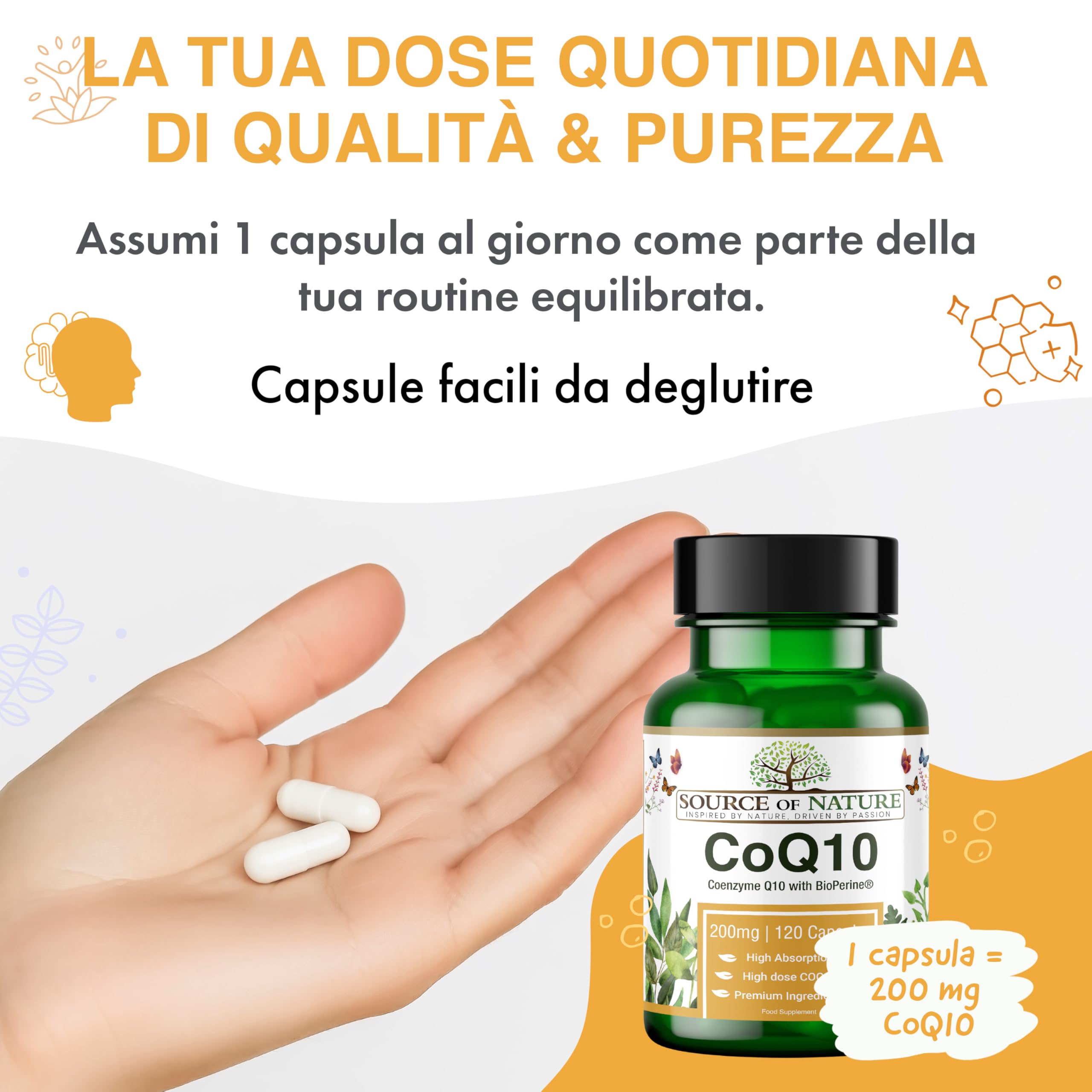 Source of Nature® Coenzima Q10 200mg - 120 Capsule Vegane (4 Mesi) | Ubichinone Bioidentico Fermentato Naturalmente | Alta Dose & 99% Puro | con BioPerine® Pepe Nero