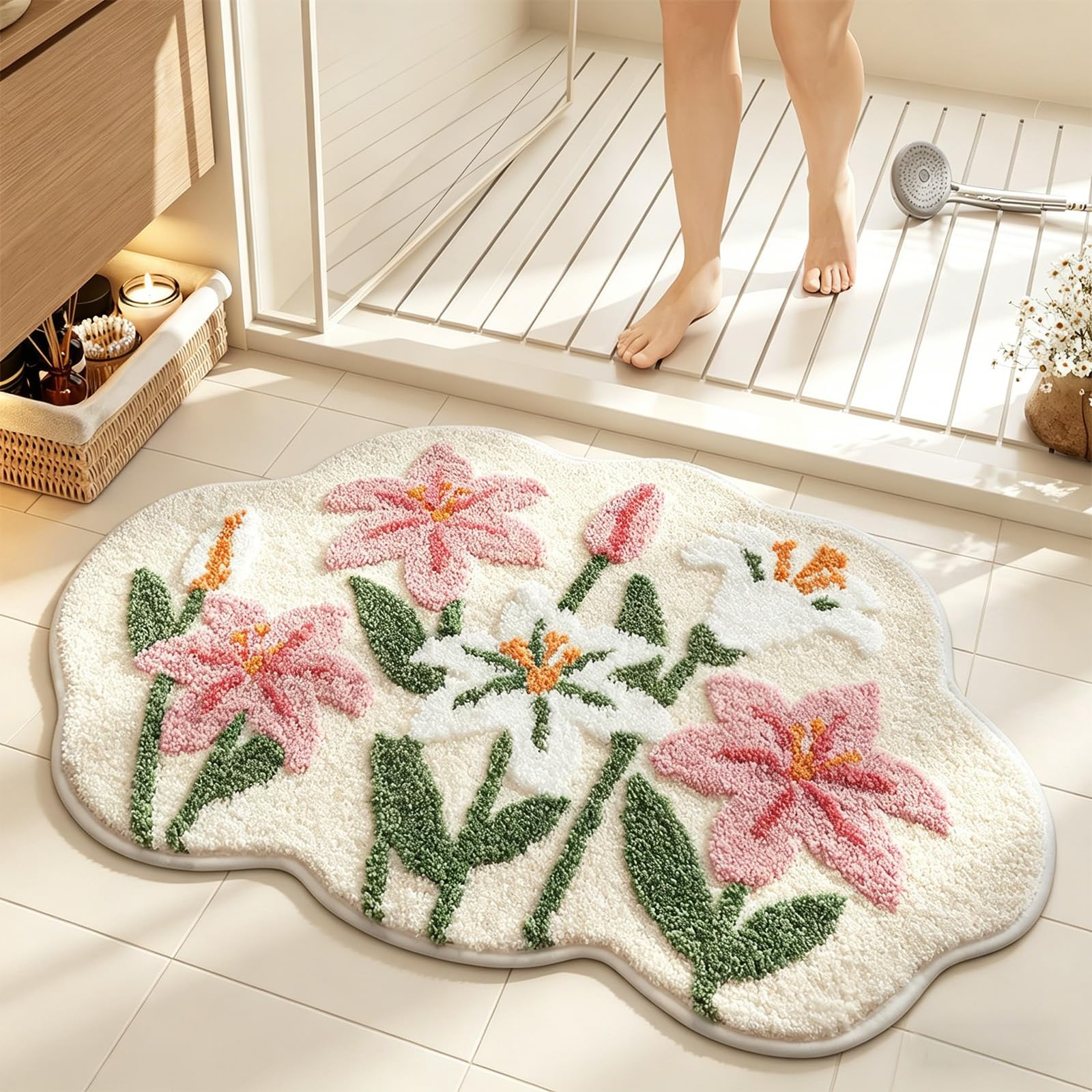 AVEKI Cloud-Shaped Lily Bath Mat, Soft Non-Slip Fluffy Fresh Flowers Bathroom Rug, Ultra Absorbent Microfiber Shaggy Door Mat, Machine Washable Bath Rug Carpet for Bathtub Bedroom 20x31in (Lily) — image 1