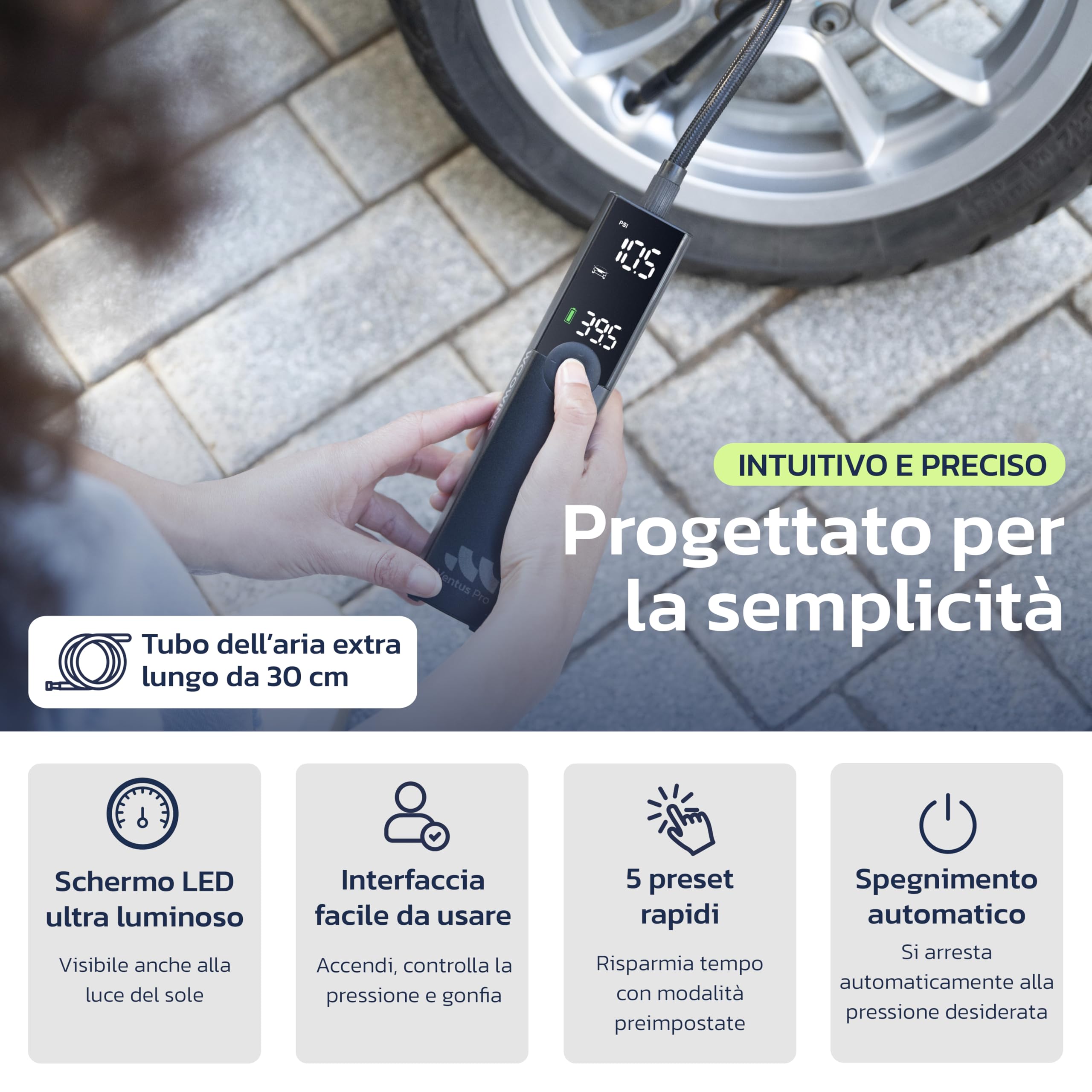 Woowind Compressore Aria Portatile Auto Premium, Gonfia Gomme Auto, 2X Più Veloce, 150PSI, Mini Compressore Portatile, Utilizzo Senza Fili o Con Cavo 12V, per SUV e Pickup, Spegnimento Automatico