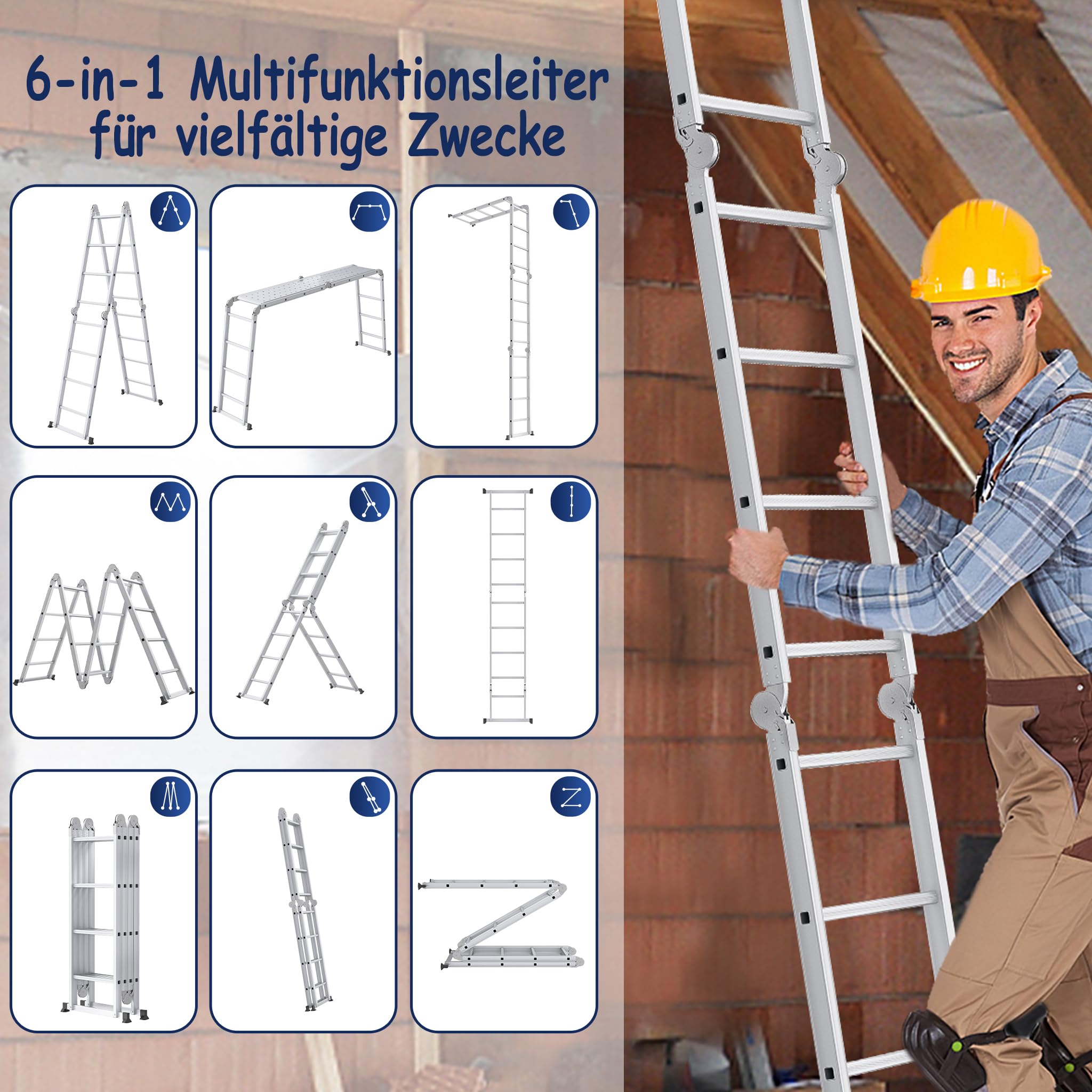 YRHome 6-in-1 ladder, multifunctionele ladder, aluminium scharnierladder, vouwladder, 340 cm, multifunctionele ladder, aluminium ladder, combiladder met platform, belastbaar tot 150 kg, 4 x 3 treden