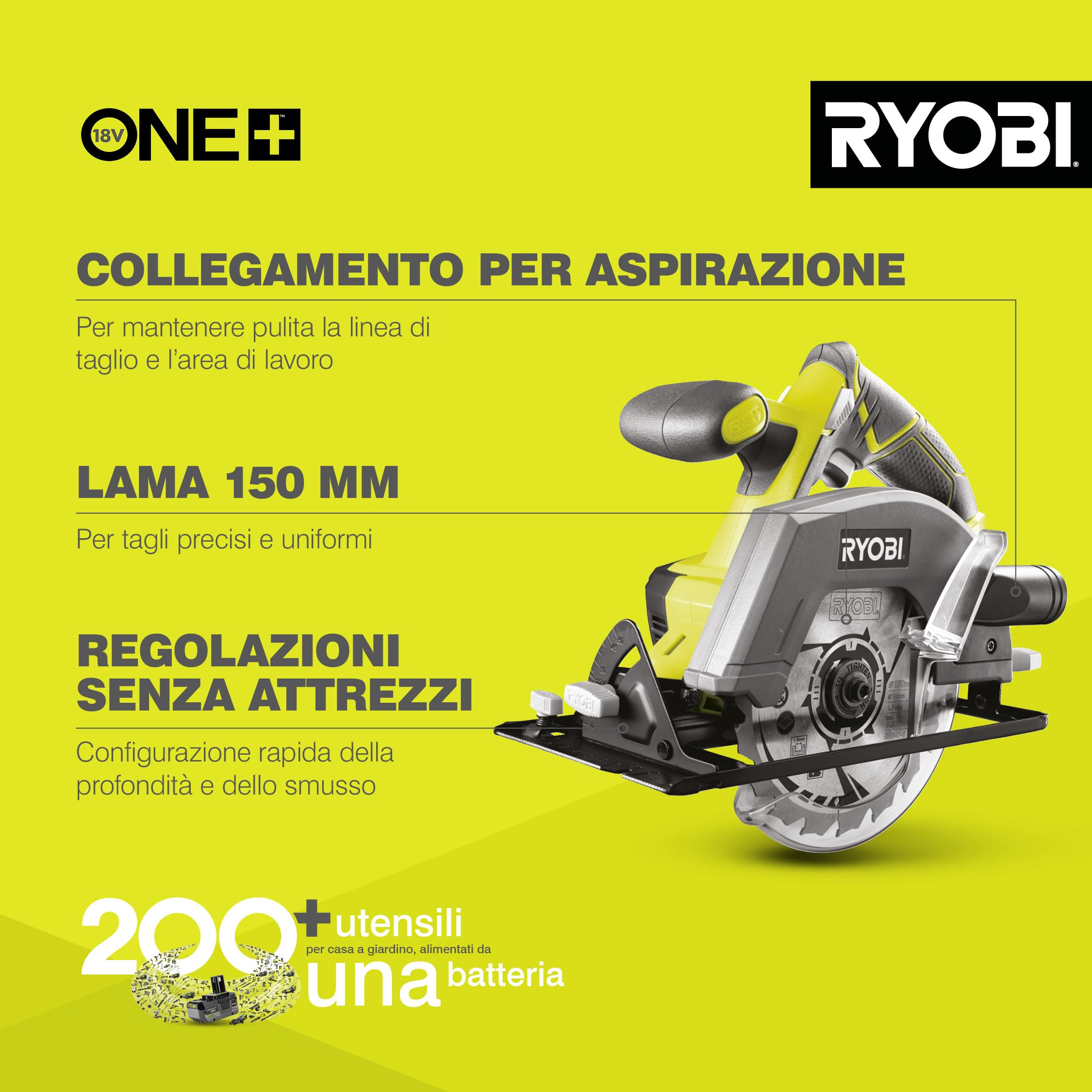 Ryobi R18CSP-0 Sega Circolare a Batteria 18V ONE+, Batteria Non Inclusa, Diametro Lama 150mm