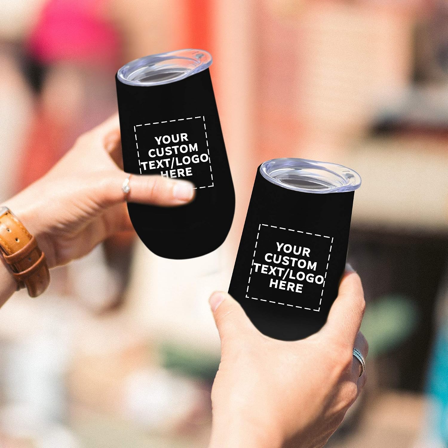 Custom Stainless Steel Stemless Flute Wine Glasses with Lids 9 oz. Set of 12, Personalized Bulk Pack - Perfect for Wine, Champagne, Cocktails, Other Hot & Cold Beverages - Black