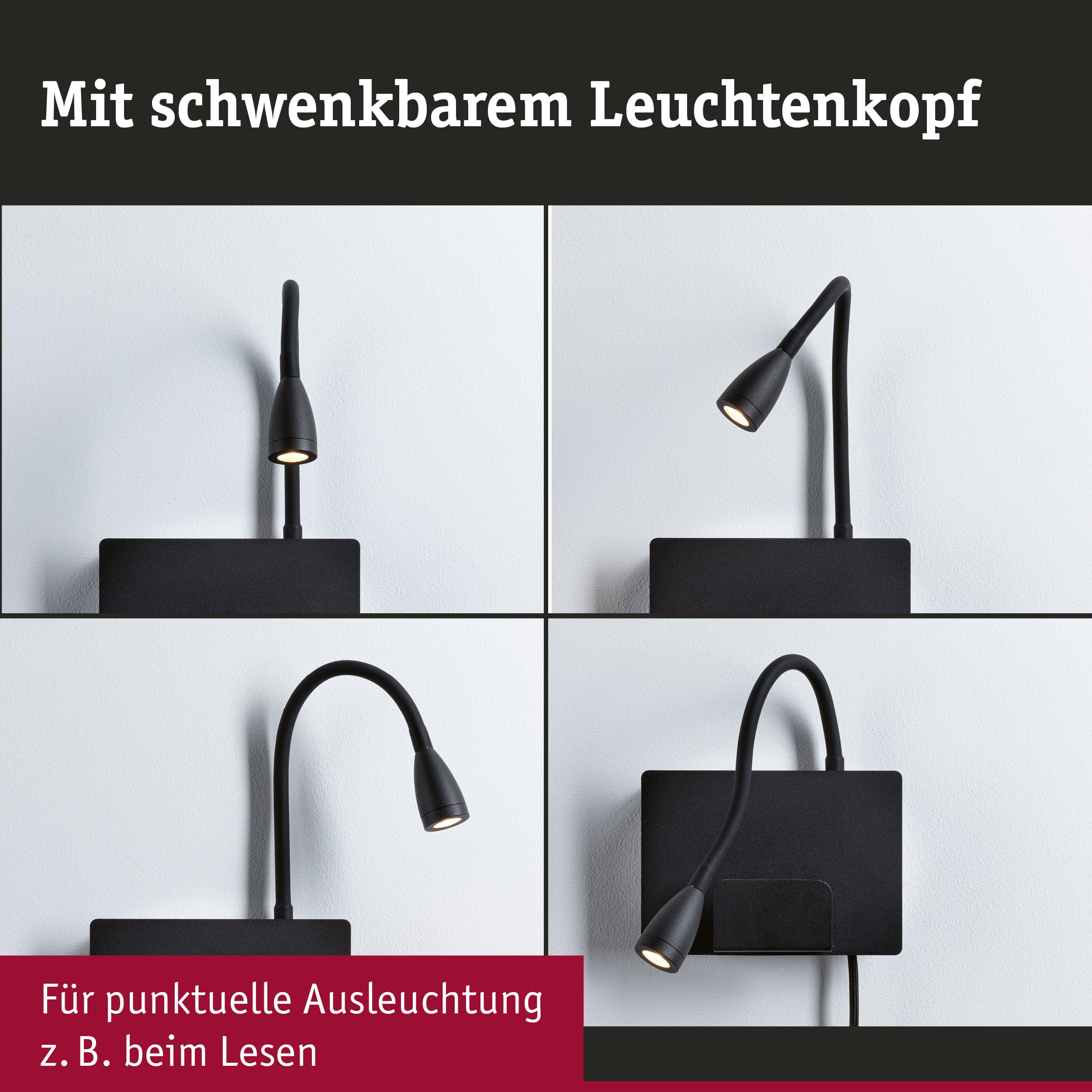 Paulmann 71101 LED Wandleuchte Halina USB C 2700K 200lm 230V 2,4W Schwarz matt Wandleselampe