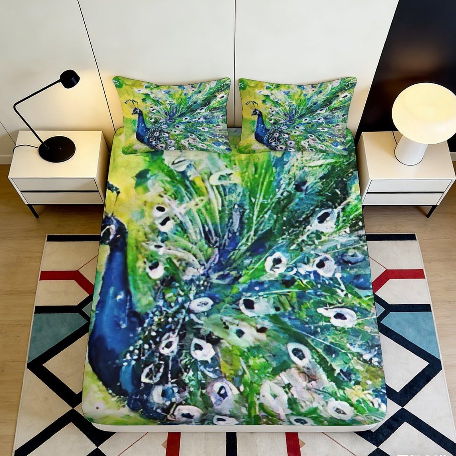 3D Printed Peacock Garden Fitted Sheet Microfiber Vibrant Blue Green Artistic Bird Mattress Cover Bedroom Decor 90x200x25cm