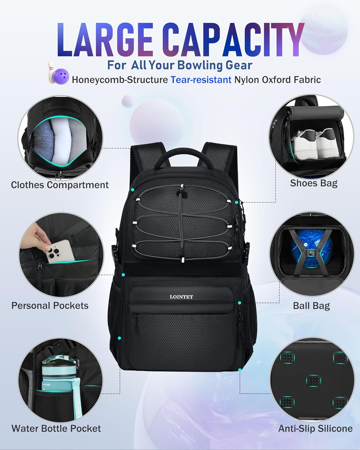 LOINTET Bowling Ball Bag, Single Bowling Backpack with Shoe Totes Bag Up to Size 16, Padded Ball Holder Bag, Accessories Gifts for Lovers/Player, Black