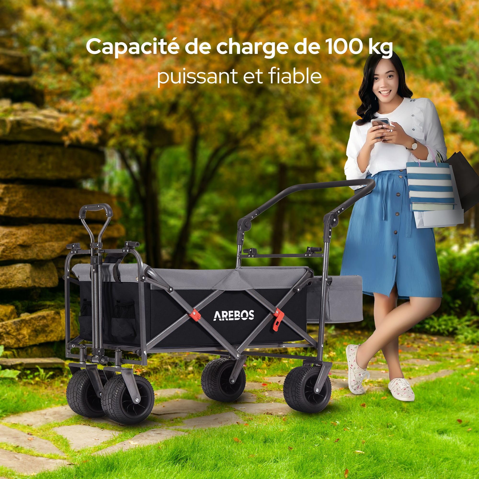 Arebos Chariot de Transport Pliable avec Toit | Chariot de Luxe | Chariot de Transport | Pliable | Chariot à Main de Luxe | Chariot à Outils | Sac XXL | capacité de Charge de 100 kg | Noir