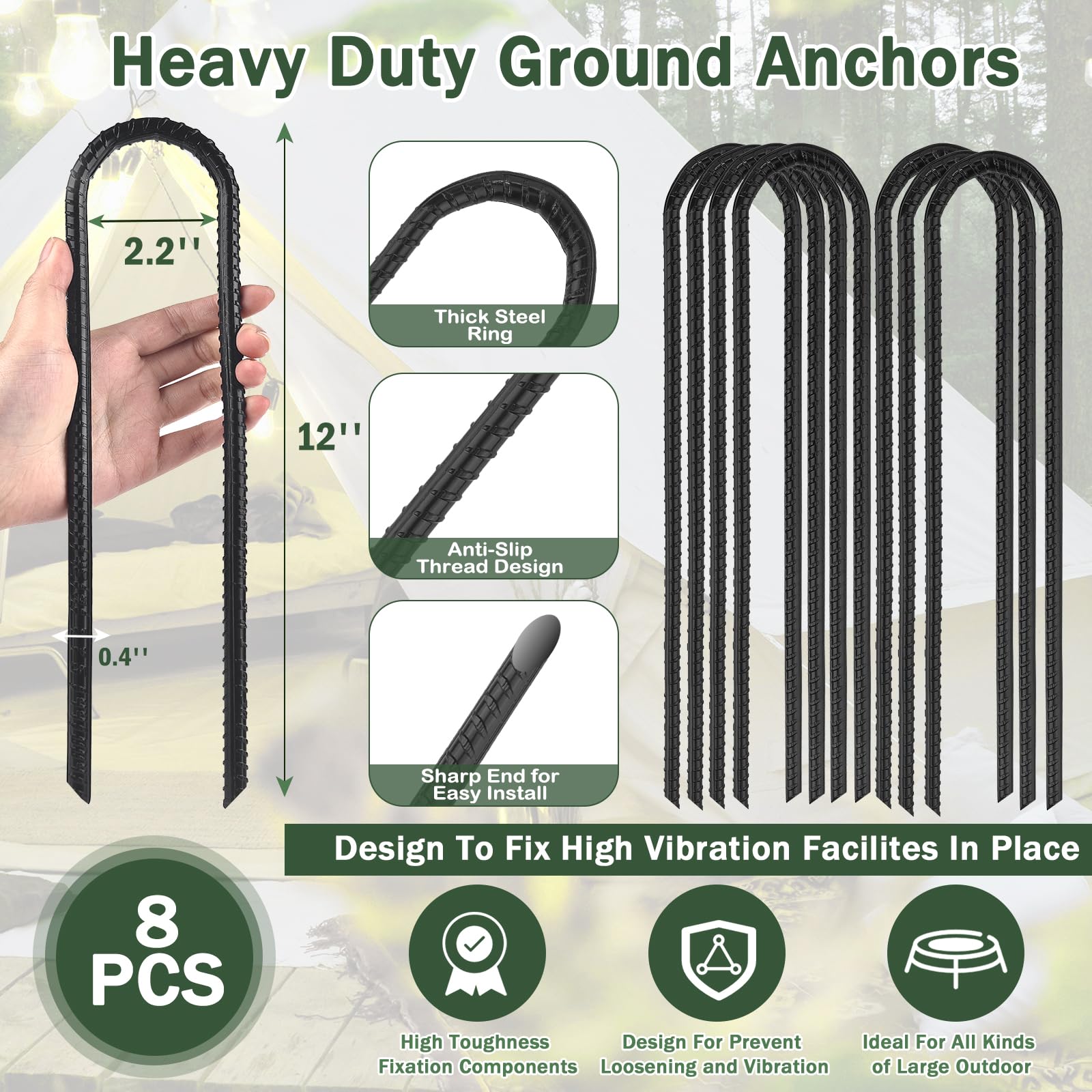 GESTONE Trampoline Ground Wind Stakes Anchors High Wind Heavy Duty, 8 Pack 12 Inch U-Shaped Rebar Tent Stakes for Camping Tents, Soccer Goals,Fences, Swing, Landscape,Garden Decoration