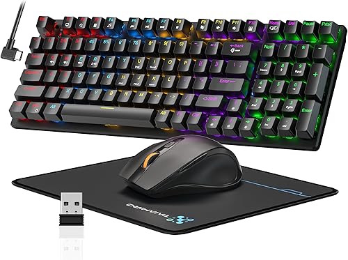 Teclado mecánico inalámbrico para juegos y ratón, 98 teclas RGB retroiluminadas con interruptor azul, ratones ergonómicos inalámbricos para juegos
