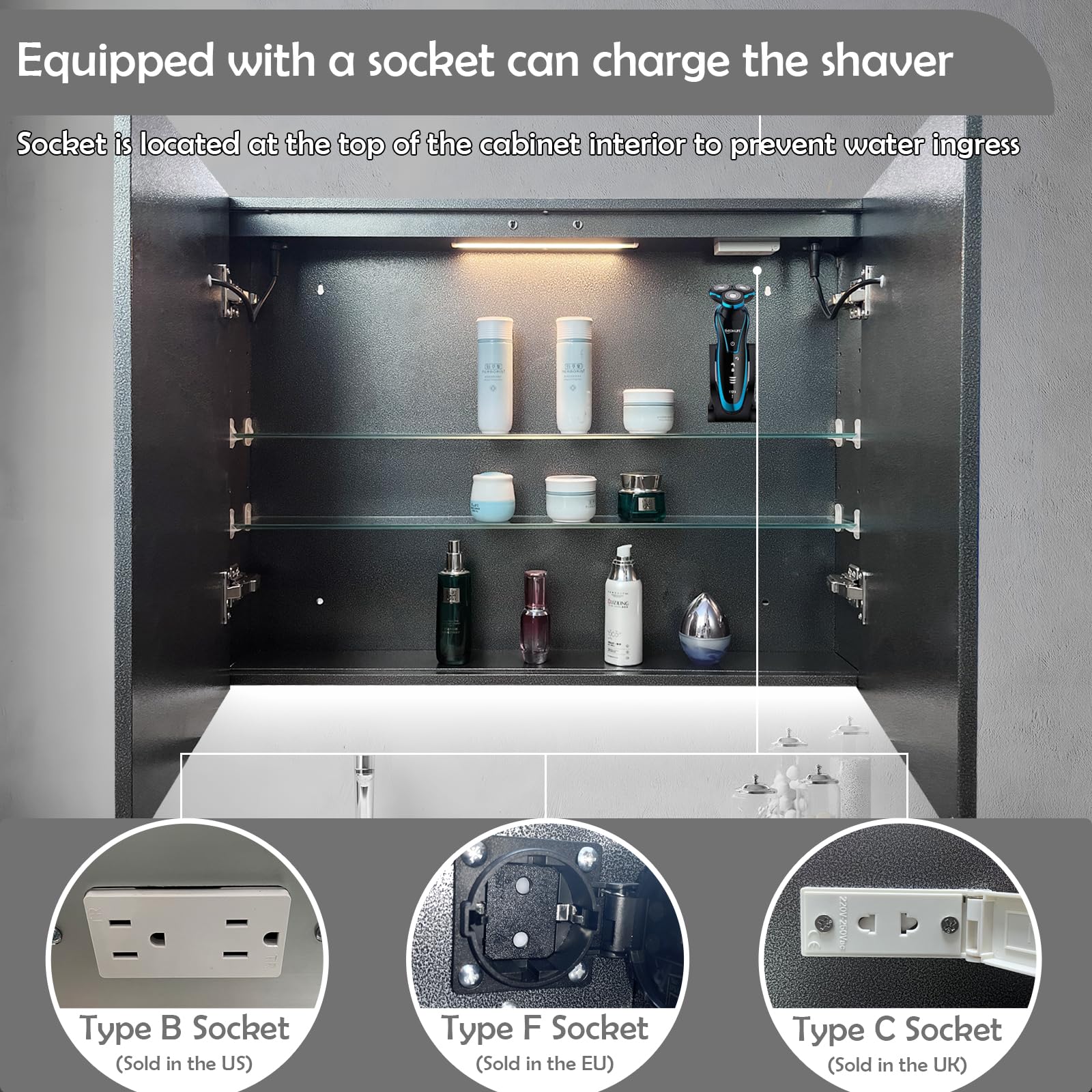 Specchio Bagno Contenitore con LED Luce e Presa Elettrica, 80x60 cm, Armadietto Specchio Bagno con Luce, Mensola Regolabile, 3 Temperature di Colore, Anti Appannamento, Dimmerabile