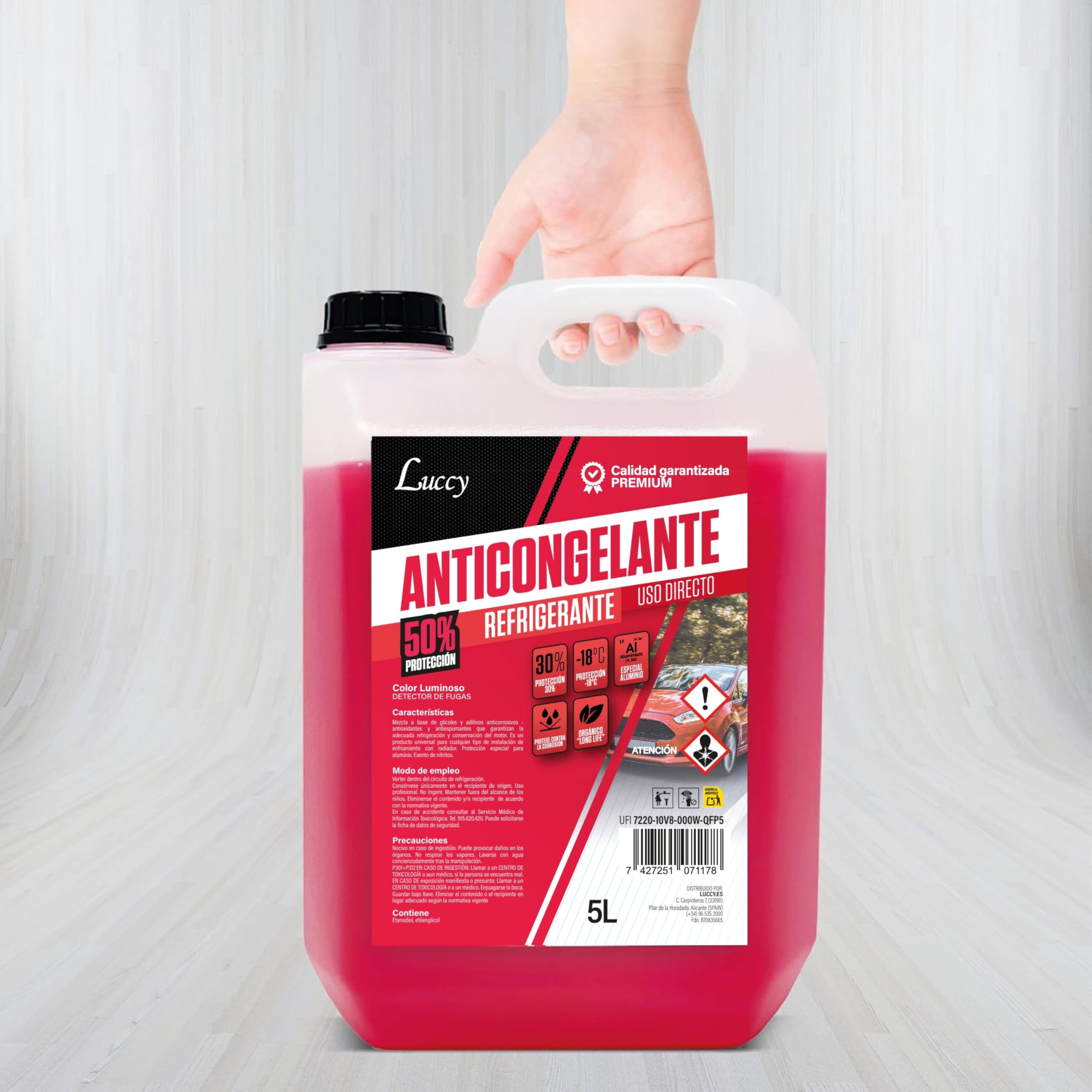 Anticongelante 50% 5 litros Rojo | Coche orgánico G12 Protección -37º | Fórmula Mejorada