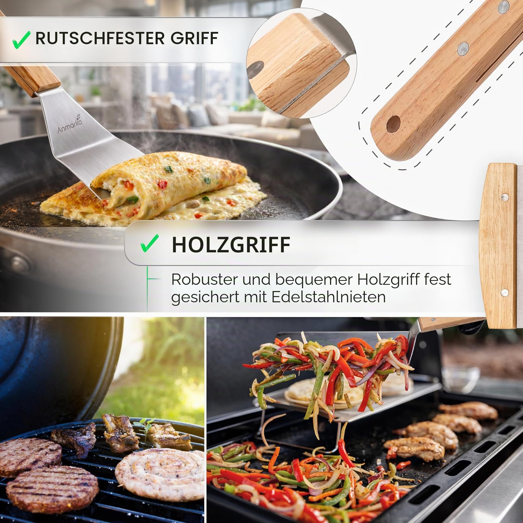 Professionelles Metall-Pfannenwender-Set – Edelstahlspatel und Grillschaber – schwerer Pfannenwender, Grill-Zubehör, ideal für Gusseisen-Grill, flache Oberseite, handelsübliche Qualität