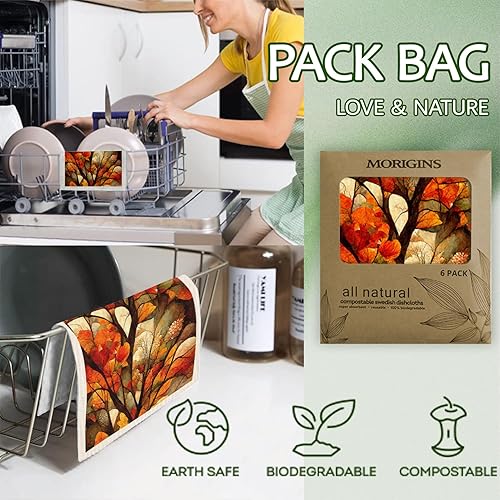 Miniatura 2 de Morigins Paños de cocina suecos de hojas de otoño, reutilizables, absorbentes y rápidos, paños de limpieza de cocina, 6 piezas