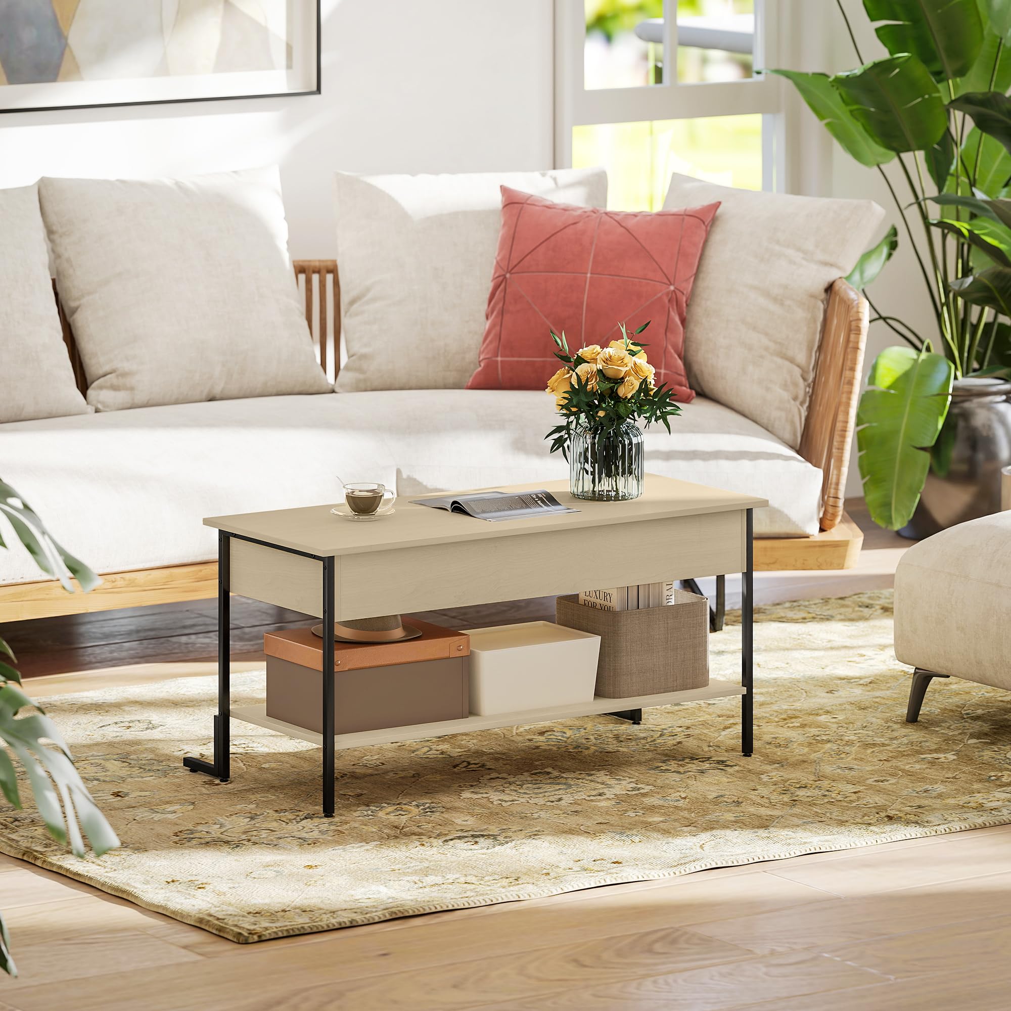 HOMCOM Table Basse avec Plateau relevable, Table de Salon Industrielle avec Compartiment caché et étagère Ouverte, Pieds renforcés en L Stable, pour Salon, Bureau, 95 x 40 x 59 cm, Effet Bois Naturel