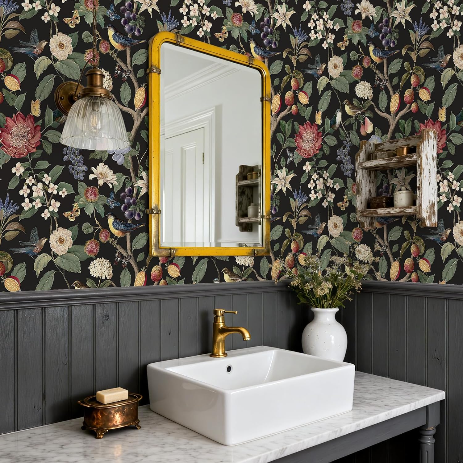 VEELIKE Vintage Fruits and Birds Wallpaper Peel and Stick Dark Floral Wallpaper for Bedroom Bathroom 17.7''x118'' Self Adhesive Removable Botanical Bird Wall Mural Floral Contact Paper for Cabinets