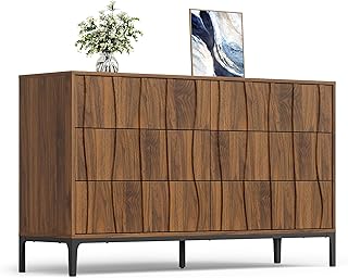 Mid-Century Modern 6 Drawer Dresser, 54” Walnut Finish Wave Front Dresse...