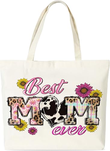 New Mom Gifts, Mama Tote Bag, Mother's Day Birthday Gift for Mommy, Sunflower Best Mom Ever Reusable Cloth Cotton Bags for Travel Shopping Beach - Q07