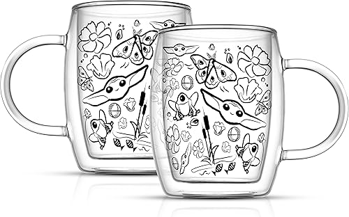 JoyJolt Nature Friends' Grogu - Juego de 2 tazas de café con aislamiento de doble pared de 13.5 onzas, tazas grandes de café expreso o café con