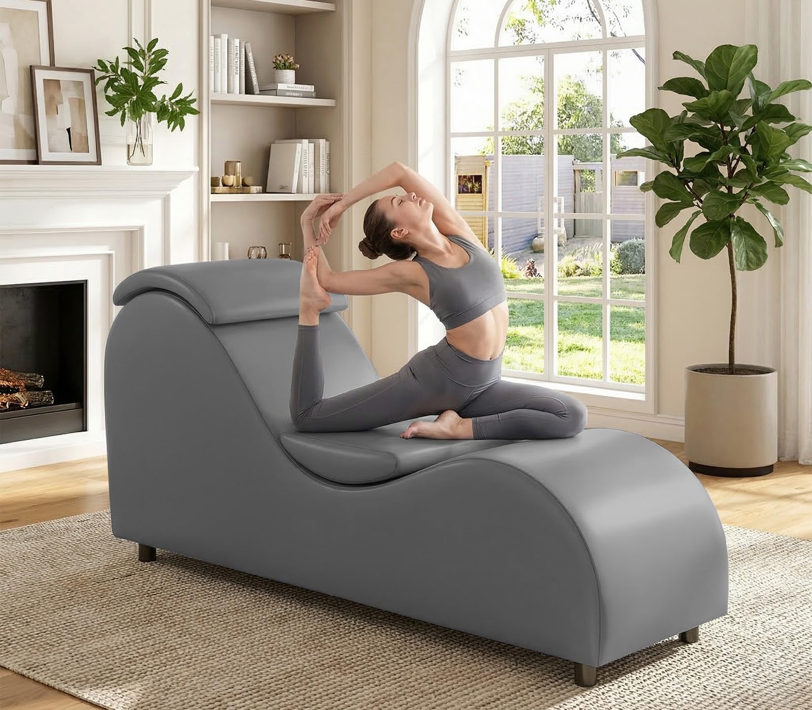 BALUS 60'' Yoga Chairs for Adults Stretching Exercising Relaxing, Faux Leather & Wooden Sleek Yoga Sofa Chaise Lounge Chair with Adjustable Head