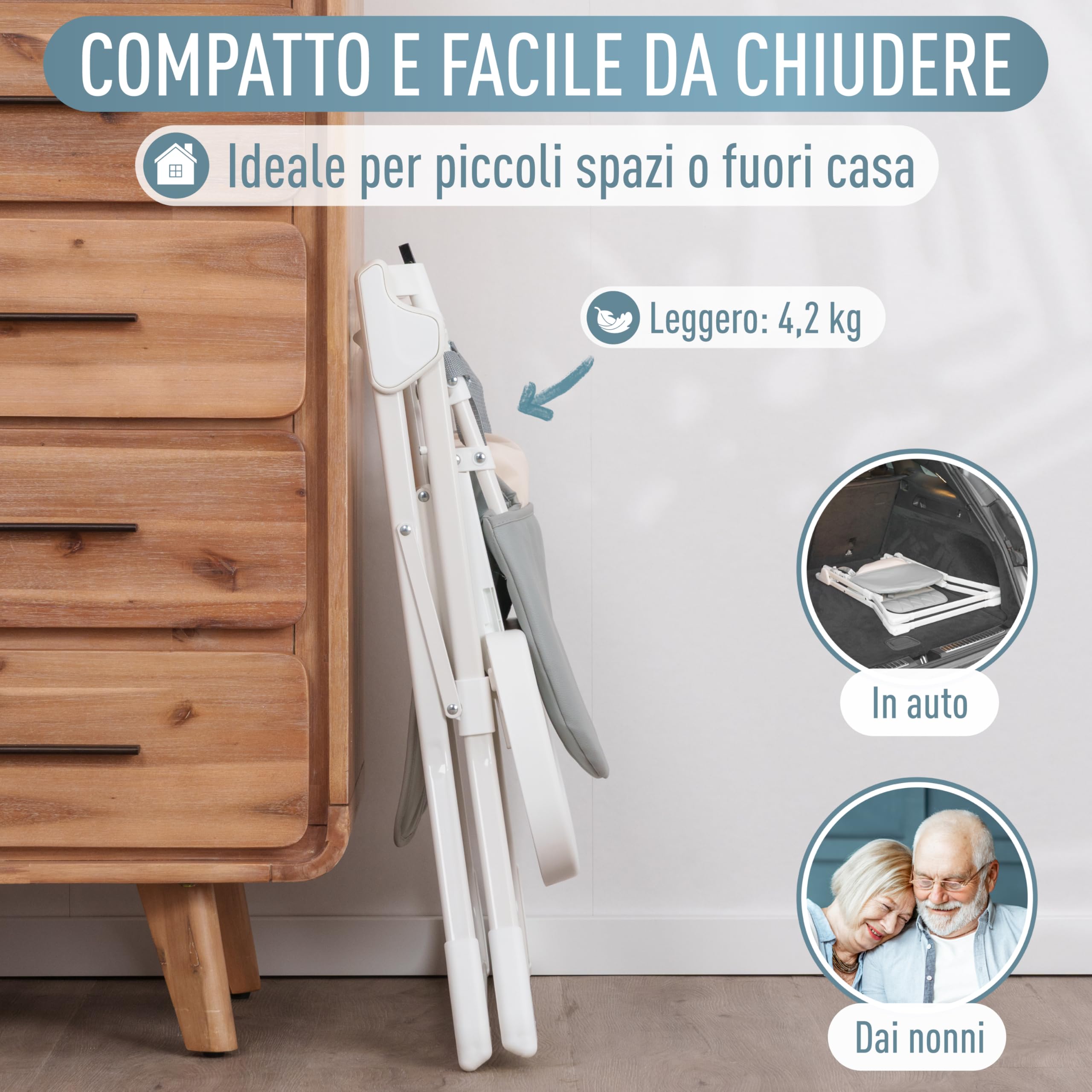 IB STYLE Seggiolone Pappa Leno - Seggiolone Pieghevole e Salvaspazio, Evolutivo con Vassoio e Poggiapiedi, Cintura a 5 Punti, Seduta Imbottita, Facile da Pulire, da 6 Mesi a 3 Anni (15 kg), Grigio