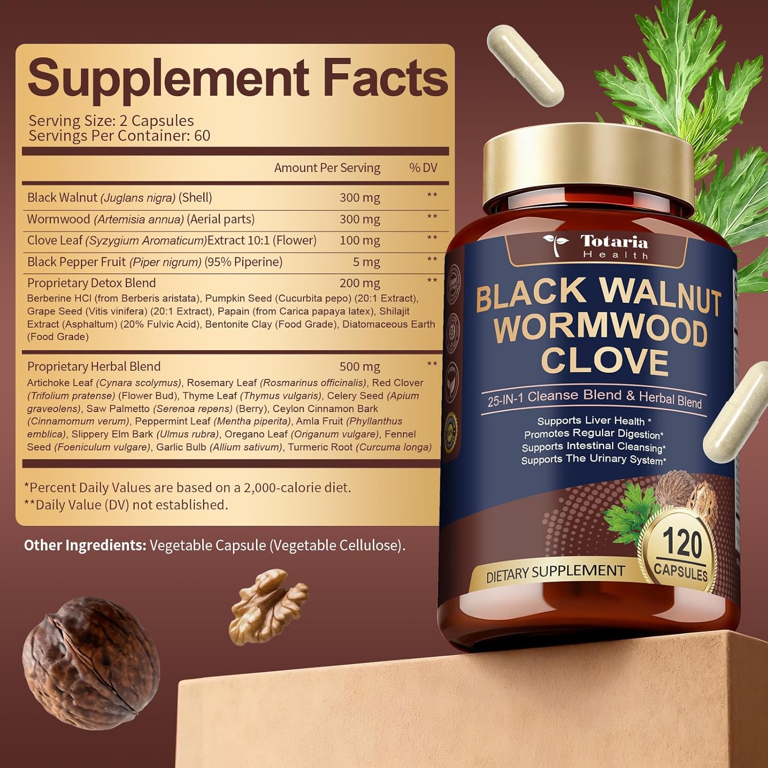 Totaria 120 Counts 25-in-1 Wormwood Black Walnut Clove Cleanse for Humans Capsules - Gut Cleanse Detox & Digestive & Liver Health with Pumpkin Seed Oil Clove Garlic Oregano - Herbal Vegan Capsules - Image 8
