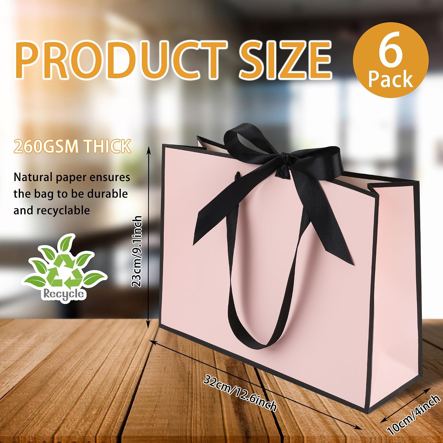 STOBOCTER 6 Pcs Thank You Gift Bags with Handles 12.6''x4''x9.1'' Welcome Bags Return Gifts with Bow Ribbon for Graduation Wedding Bridesmaid Father's Day Baby Shower Birthday Party(Pink, Black) image 2